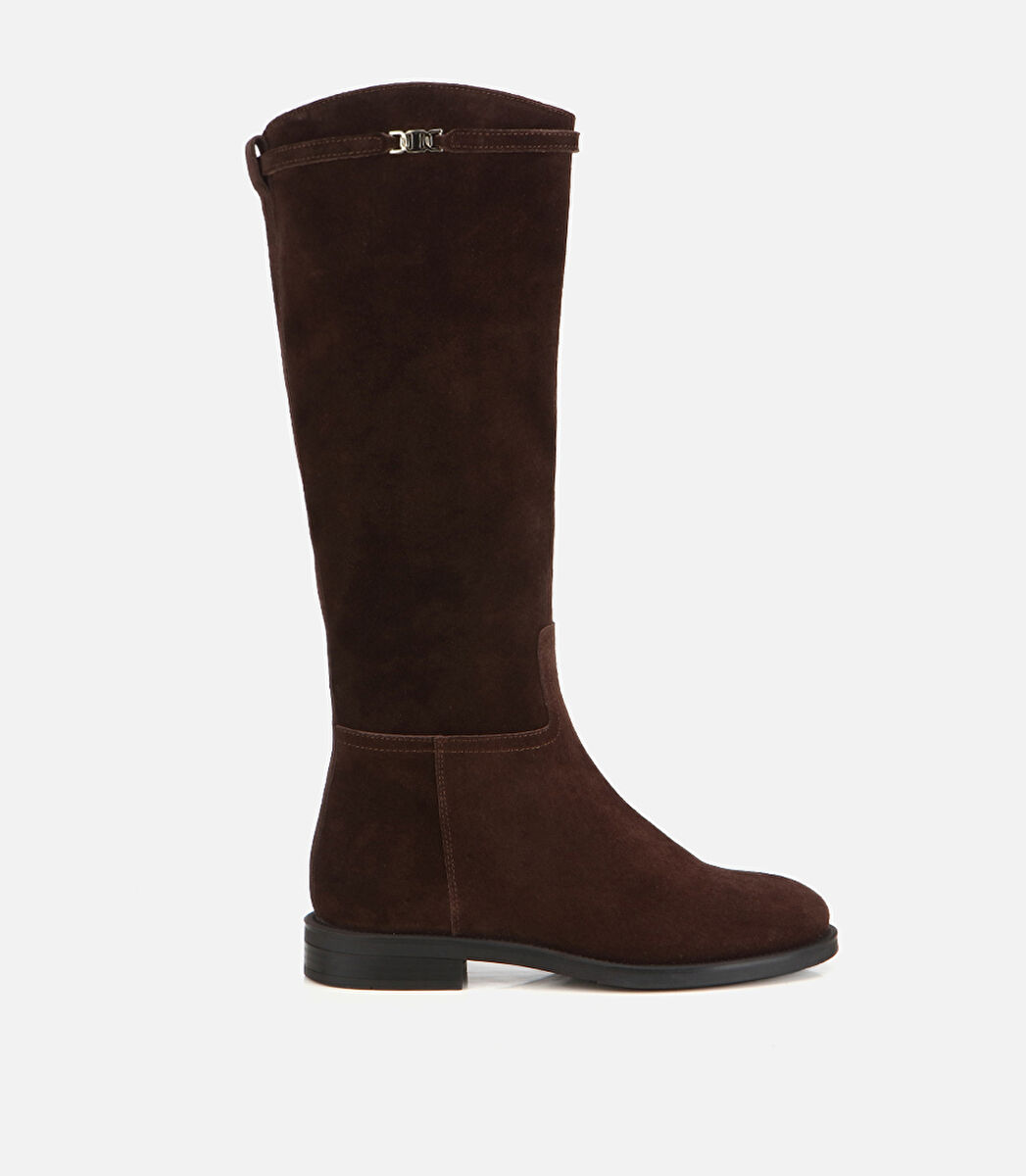 Kadın Süet Deri Kahverengi  Kemer Detaylı Düz Çizme