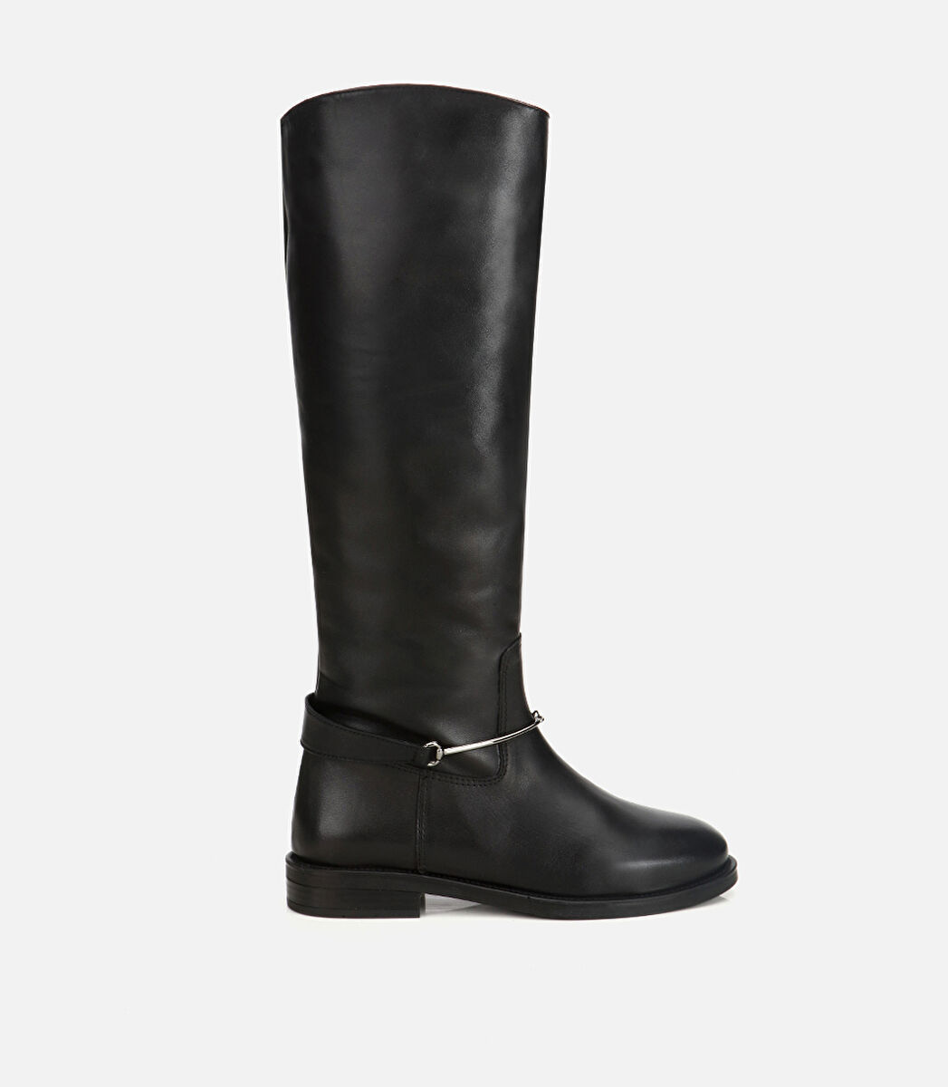 Kadın Deri Siyah Metal Tokalı Düz Çizme