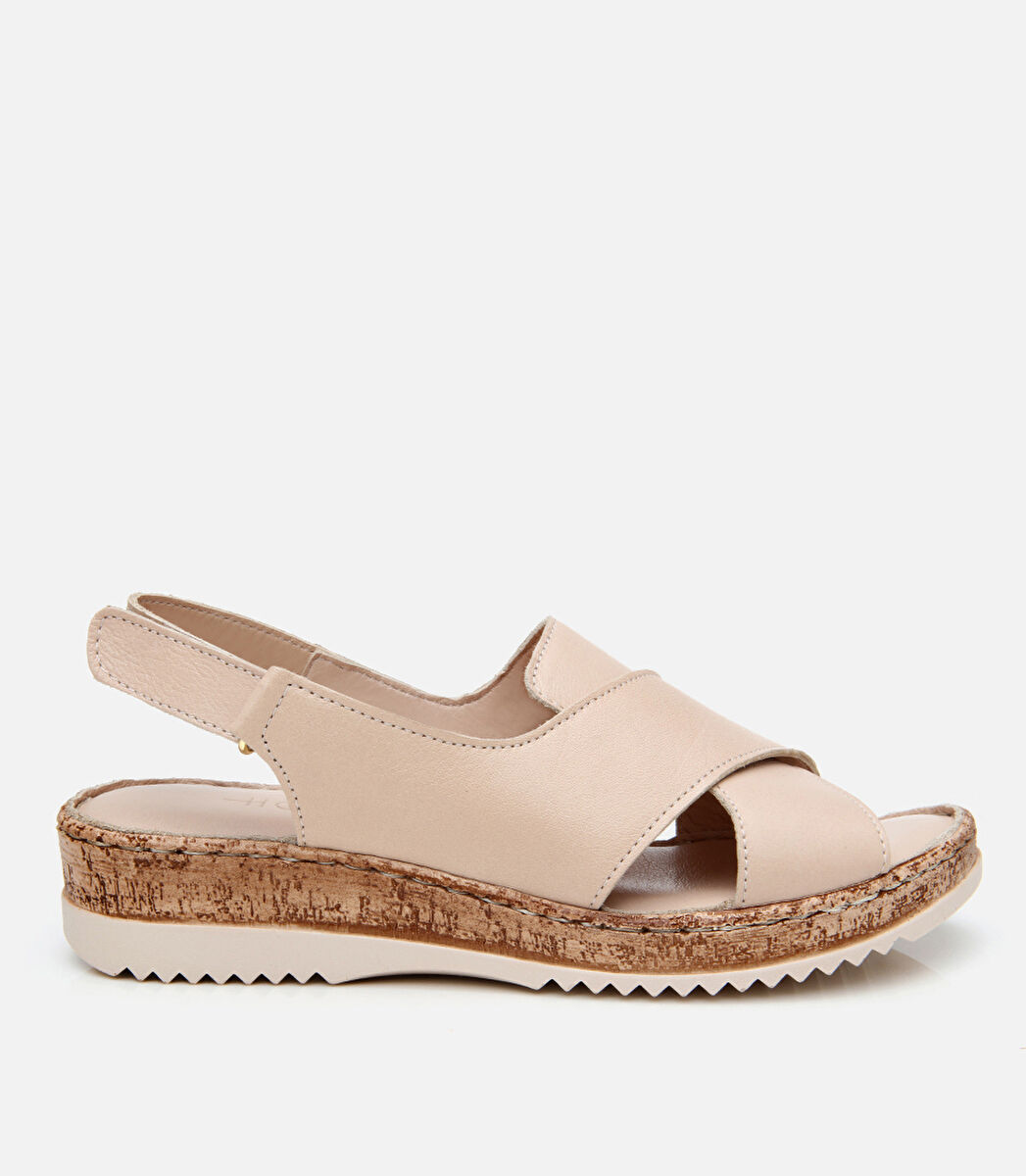 Kadın Deri Bej Ayarlanabilir Comfort Sandalet
