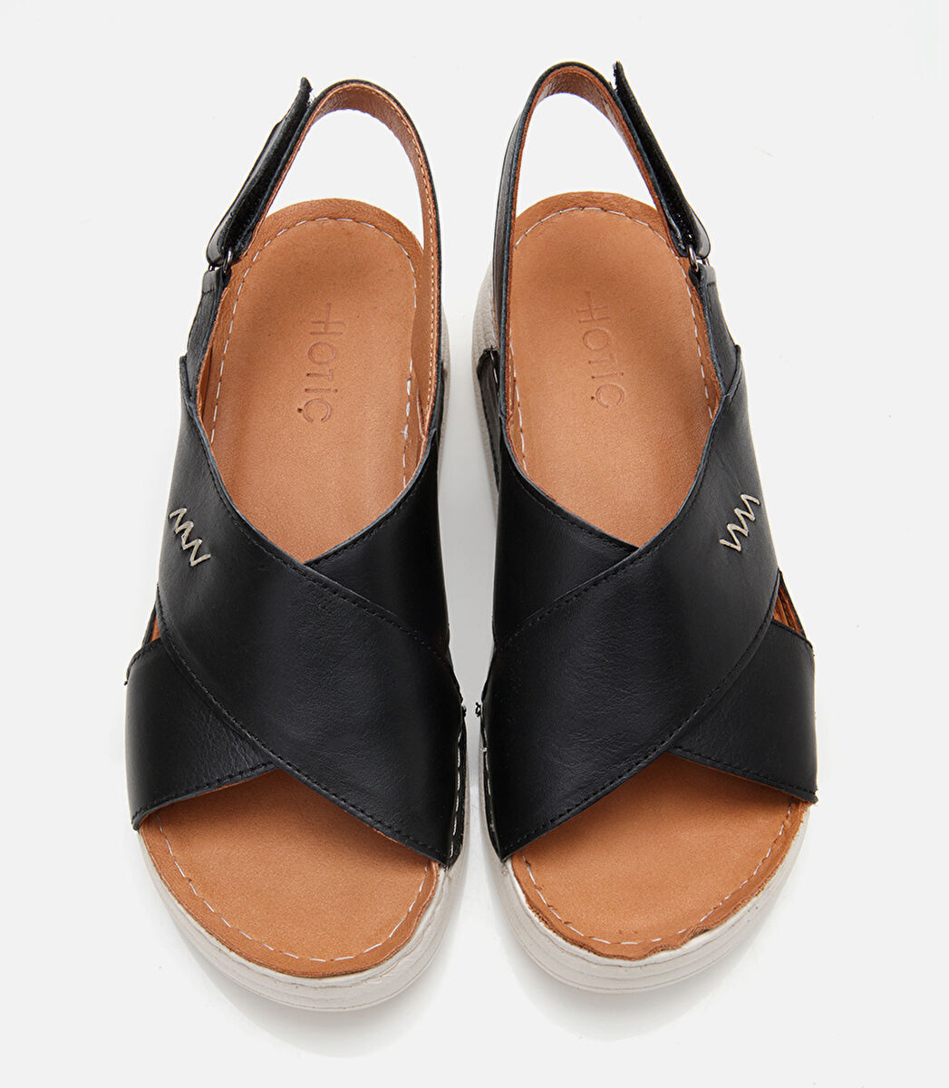Kadın Deri Siyah Ayarlanabilir Comfort Sandalet