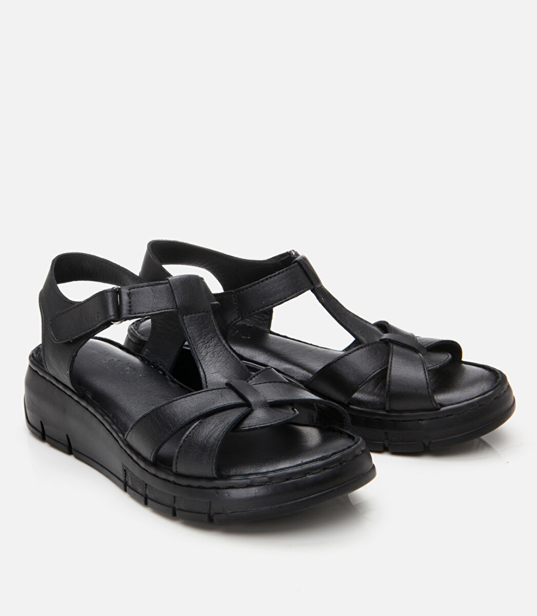 Kadın Deri Siyah Ayarlanabilir Comfort Sandalet