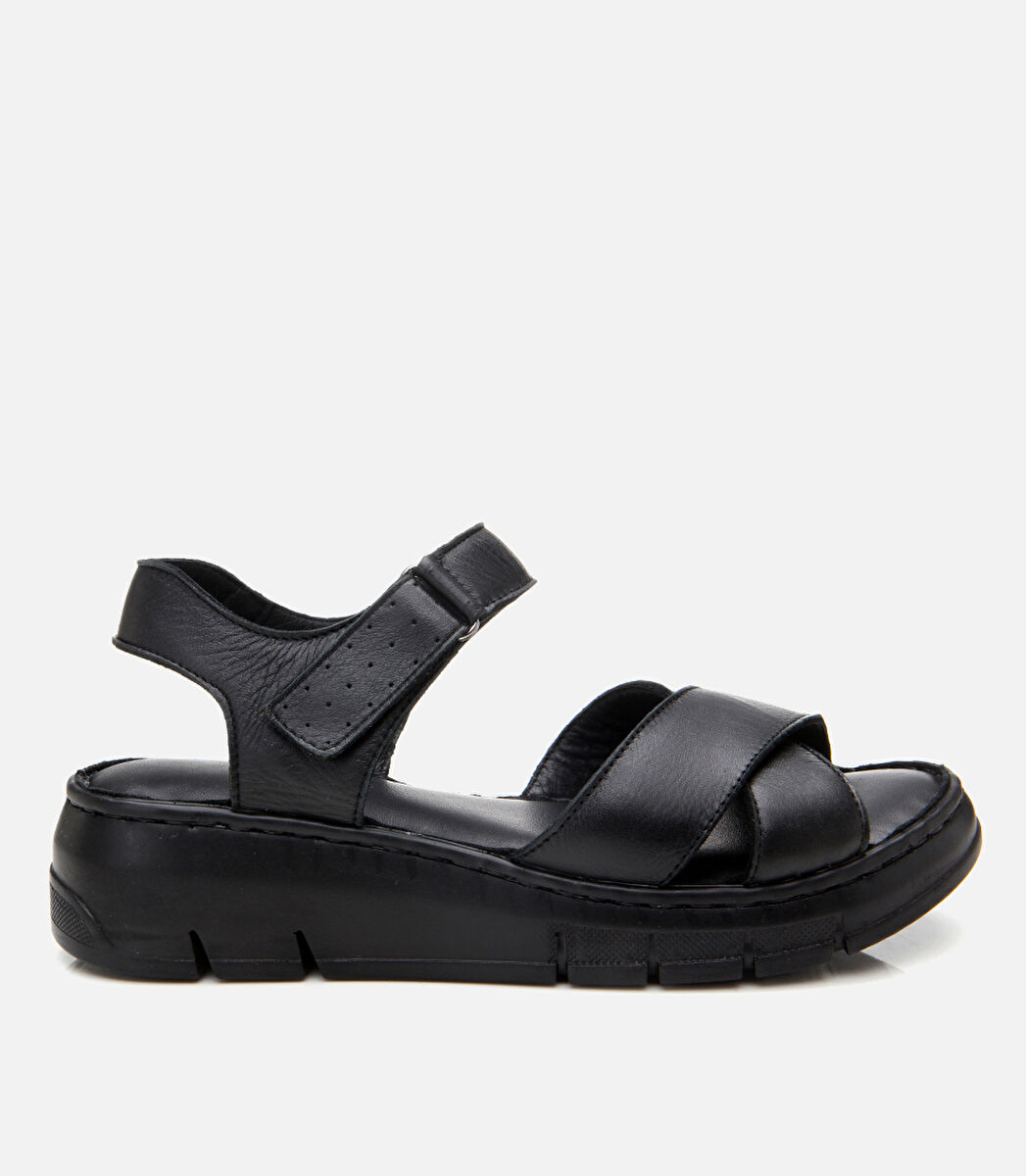 Kadın Deri Siyah Ayarlanabilir Comfort Sandalet