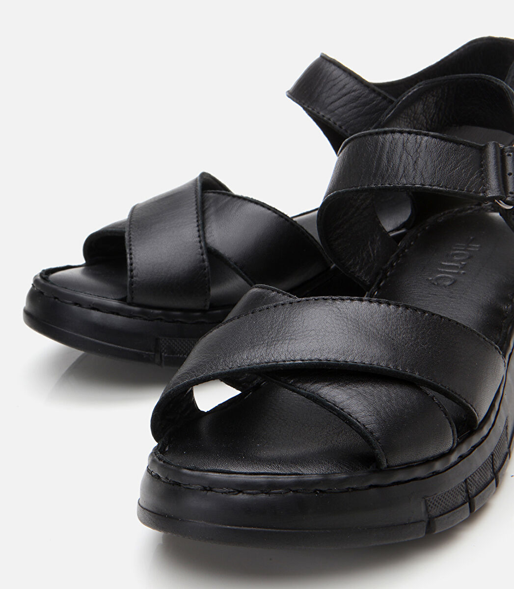 Kadın Deri Siyah Ayarlanabilir Comfort Sandalet
