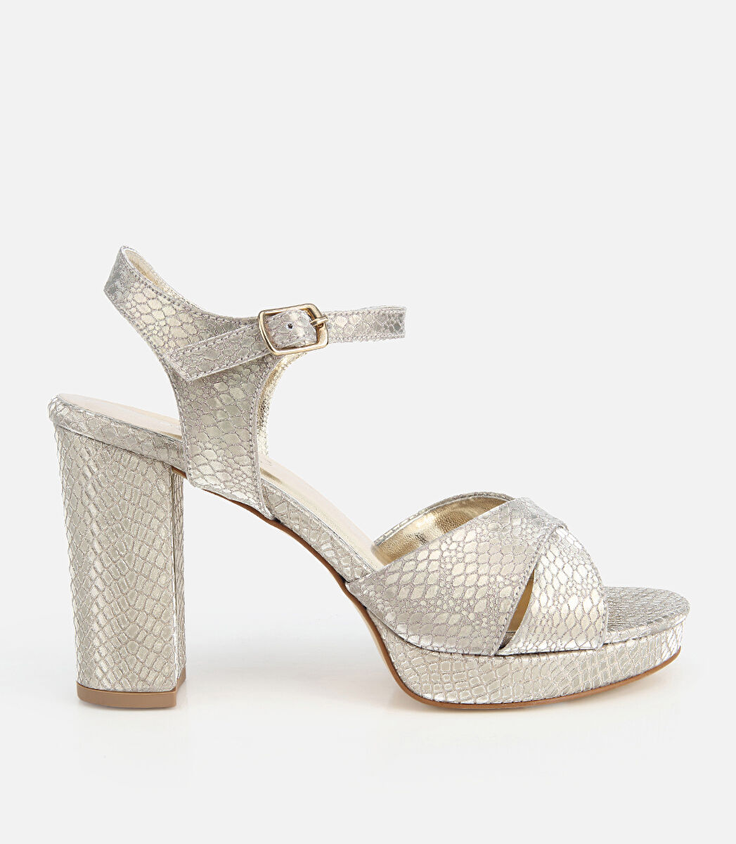 Kadın Saten Metalik Gold Yüksek Topuklu Sandalet