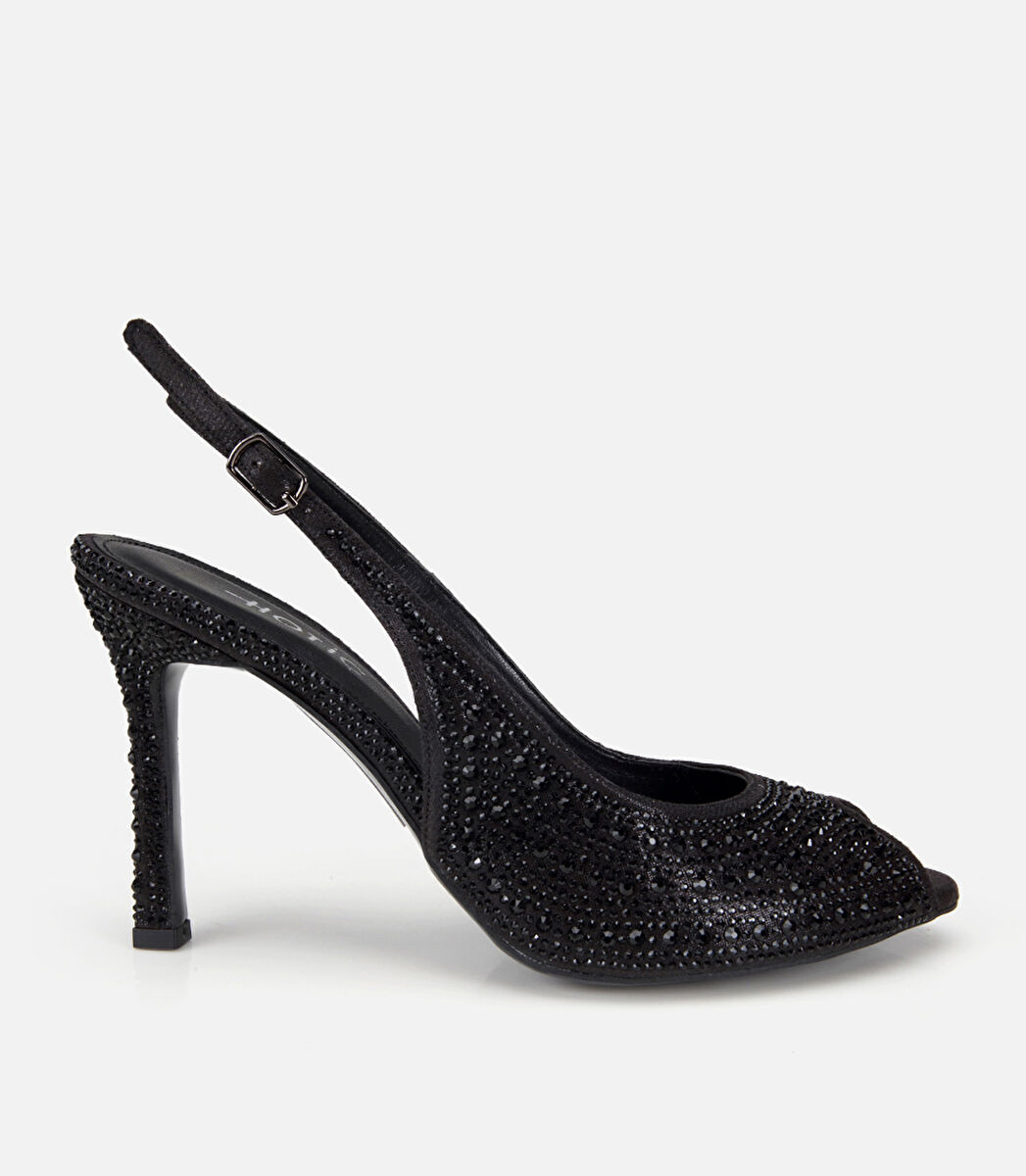 Kadın Saten Siyah Taşlı Burnu Açık Topuklu Sandalet