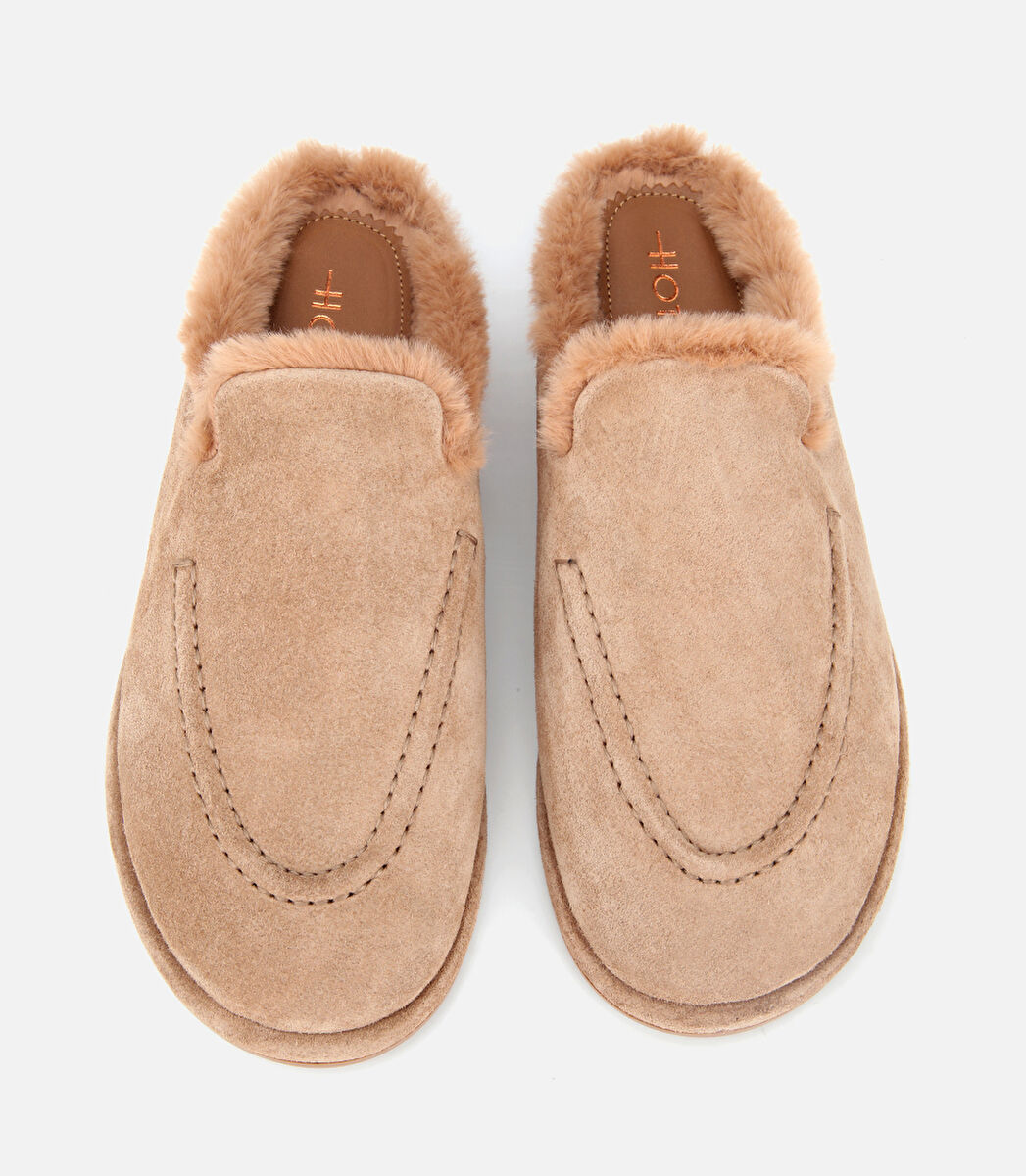 Kadın Süet Deri Bej İçi Kürklü Düz Günlük Terlik