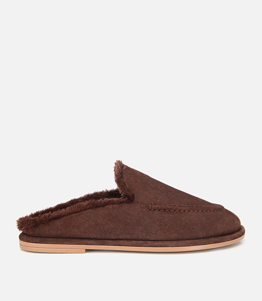 Kadın Süet Deri Kahverengi İçi Kürklü Düz Günlük Terlik