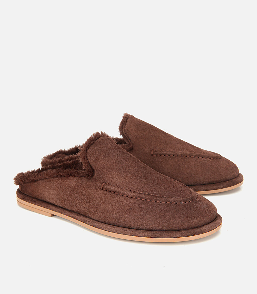 Kadın Süet Deri Kahverengi İçi Kürklü Düz Günlük Terlik