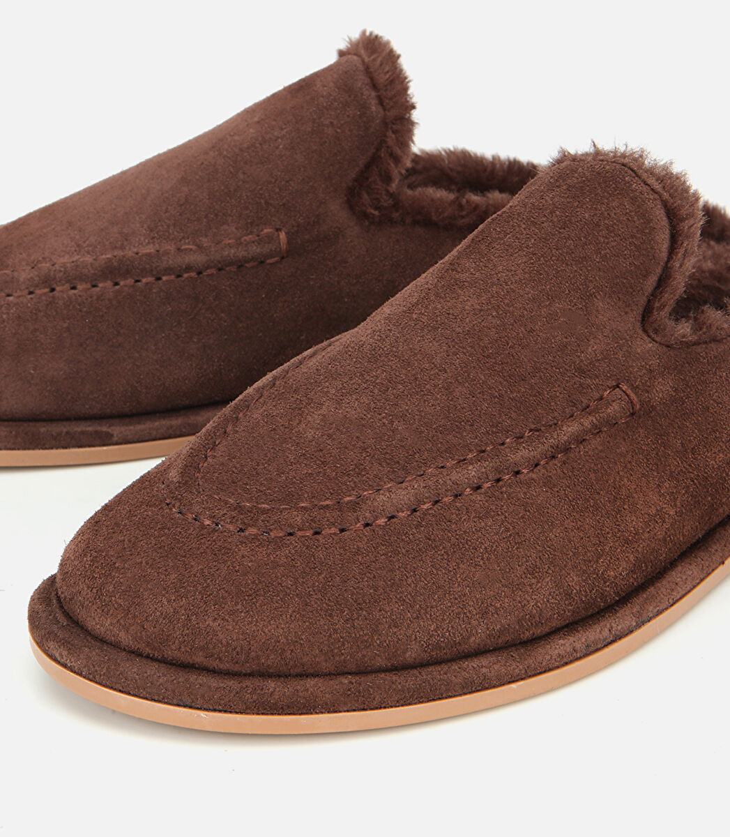 Kadın Süet Deri Kahverengi İçi Kürklü Düz Günlük Terlik