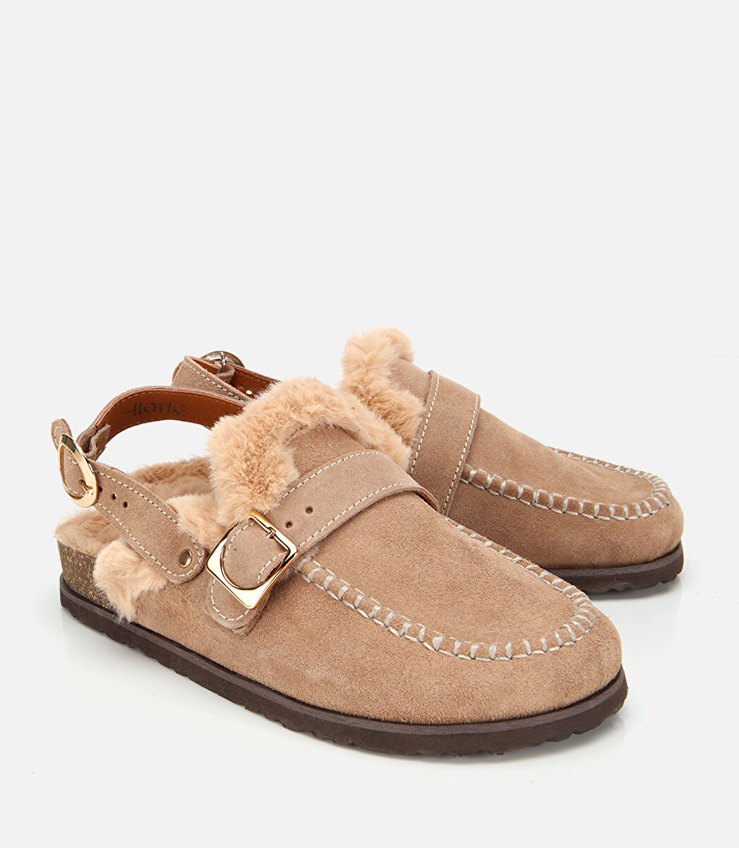 Kadın Süet Deri Bej İçi Kürklü Sabo Terlik