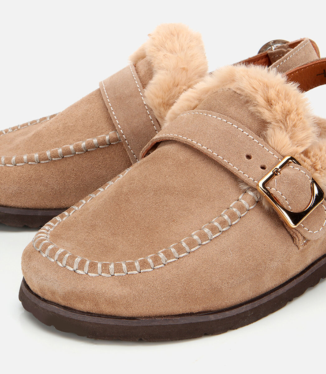 Kadın Süet Deri Bej İçi Kürklü Sabo Terlik