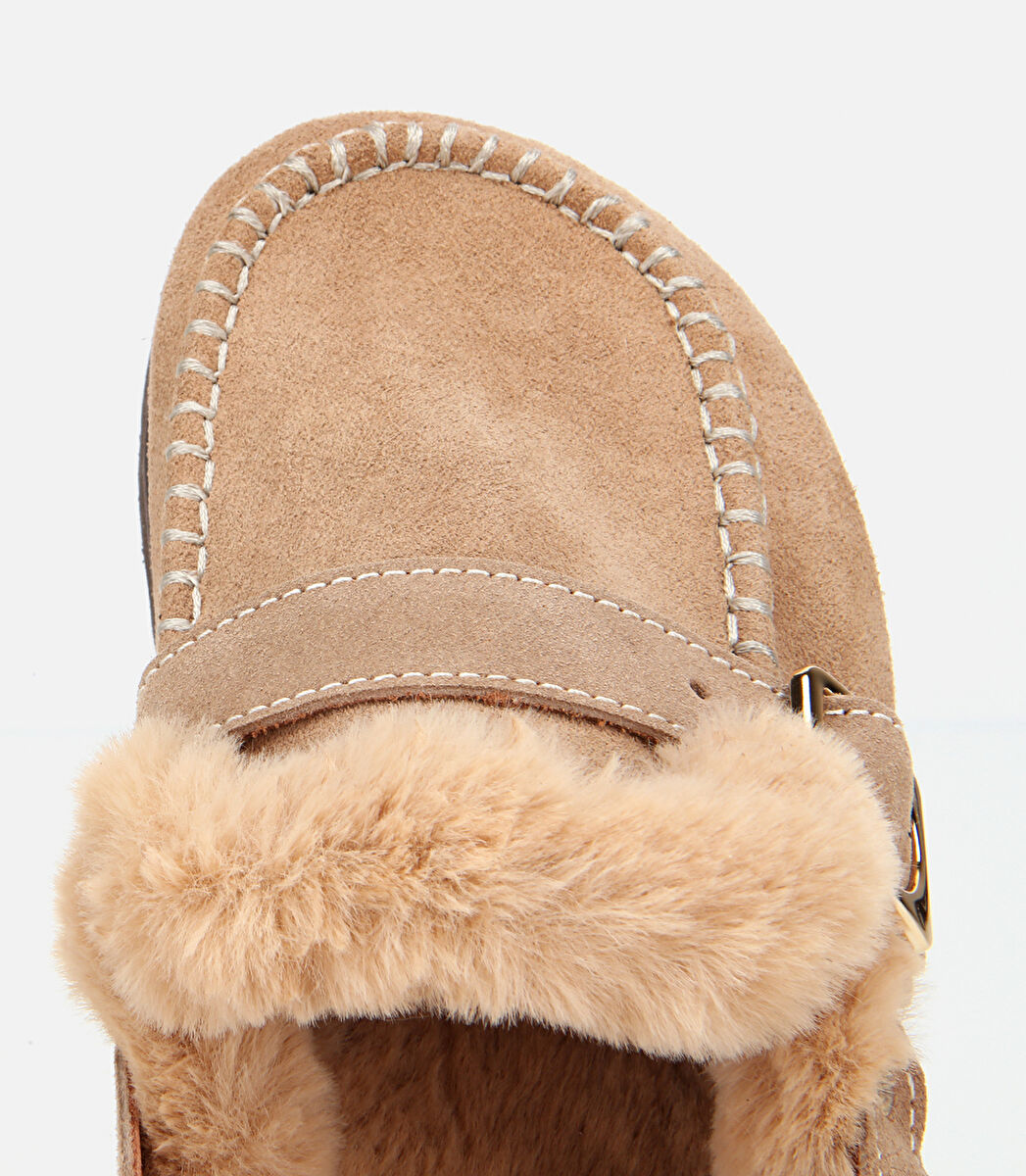 Kadın Süet Deri Bej İçi Kürklü Sabo Terlik