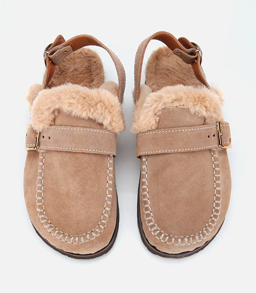Kadın Süet Deri Bej İçi Kürklü Sabo Terlik