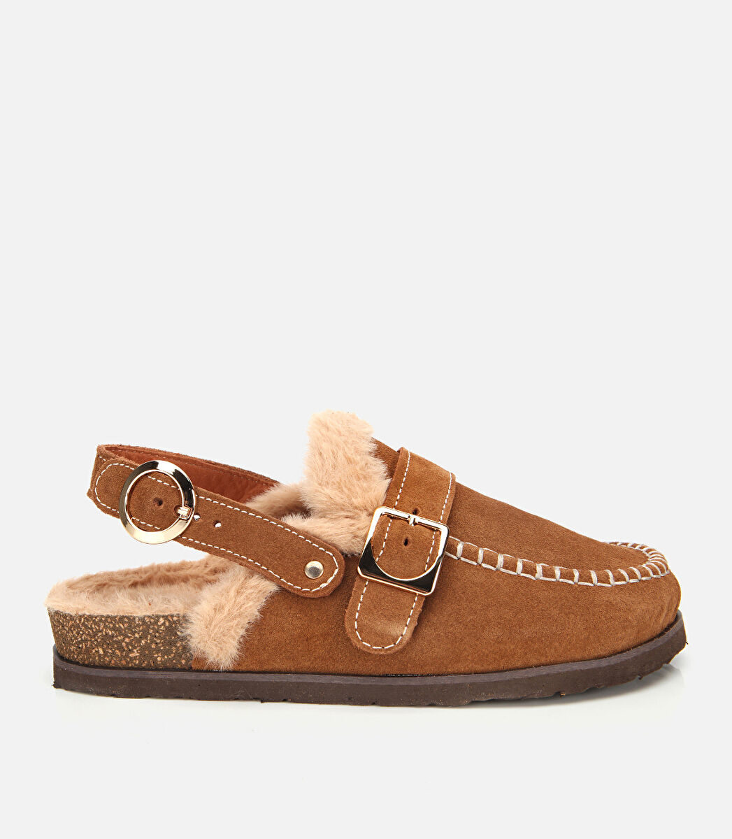 Kadın Süet Deri Taba İçi Kürklü Sabo Terlik