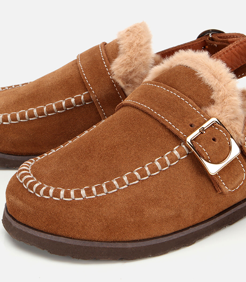 Kadın Süet Deri Taba İçi Kürklü Sabo Terlik