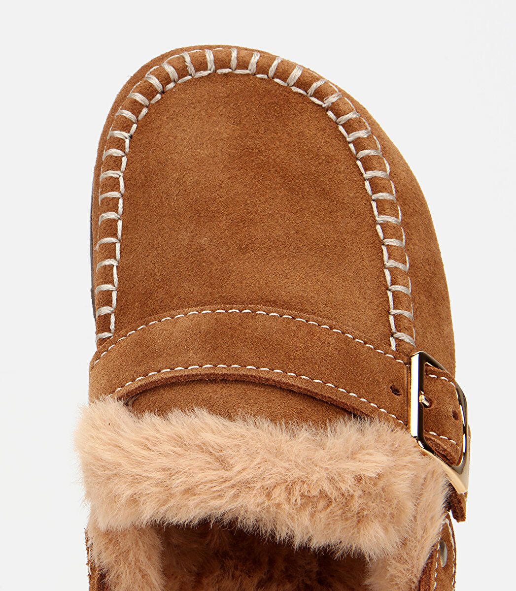 Kadın Süet Deri Taba İçi Kürklü Sabo Terlik