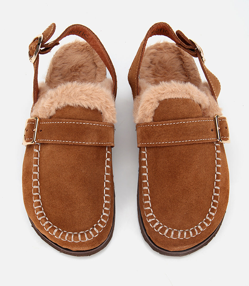 Kadın Süet Deri Taba İçi Kürklü Sabo Terlik
