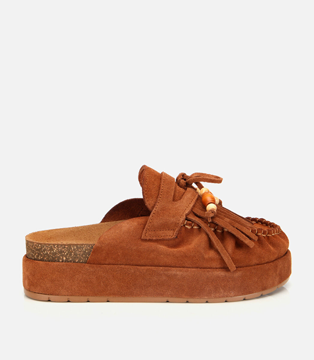 Kadın Süet Deri Taba Püsküllü Kalın Tabanlı Terlik