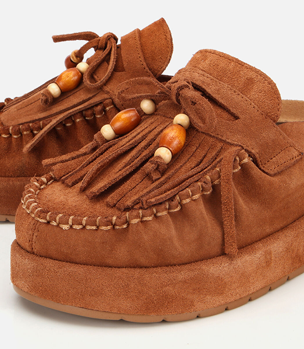 Kadın Süet Deri Taba Püsküllü Kalın Tabanlı Terlik