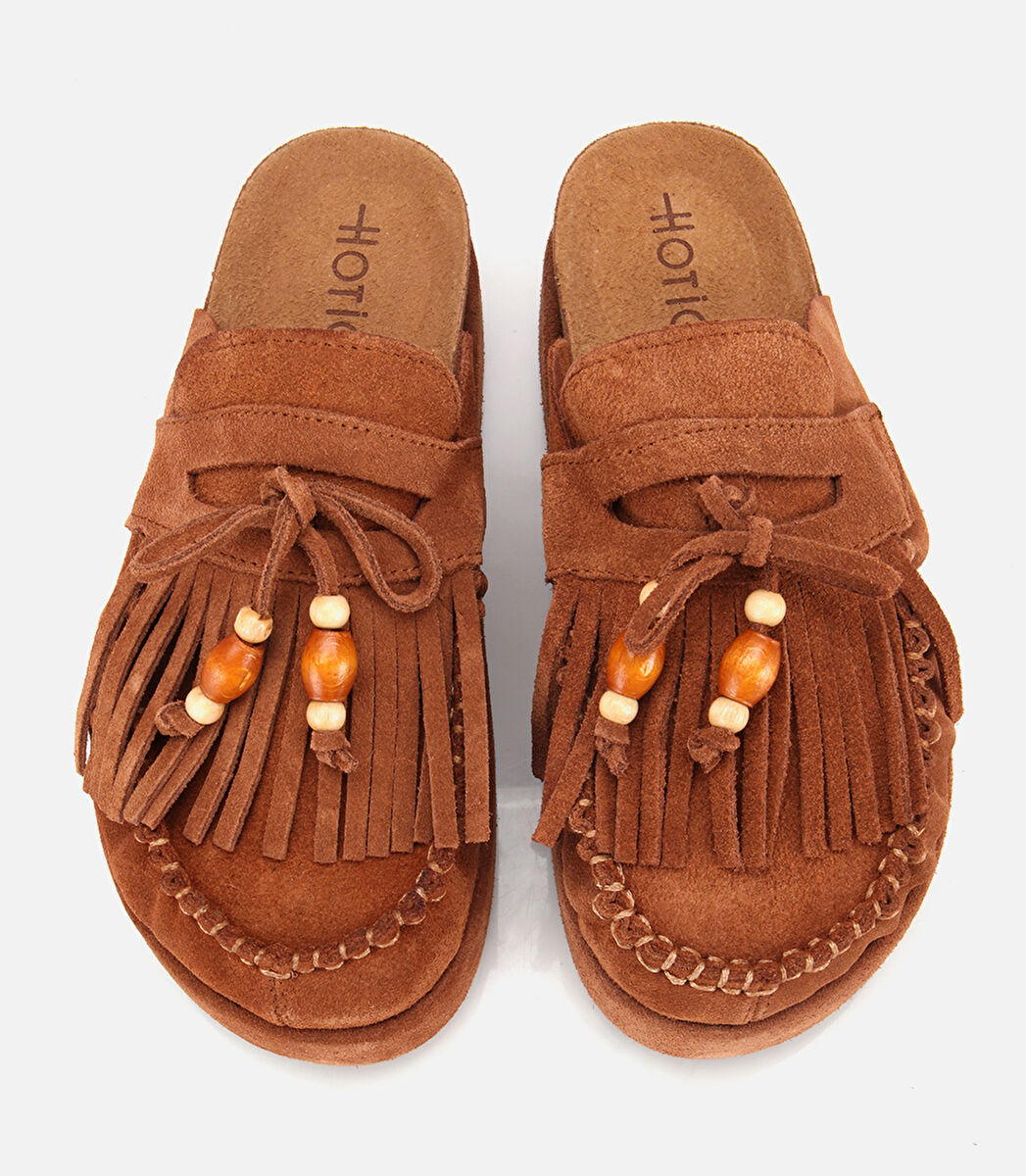 Kadın Süet Deri Taba Püsküllü Kalın Tabanlı Terlik