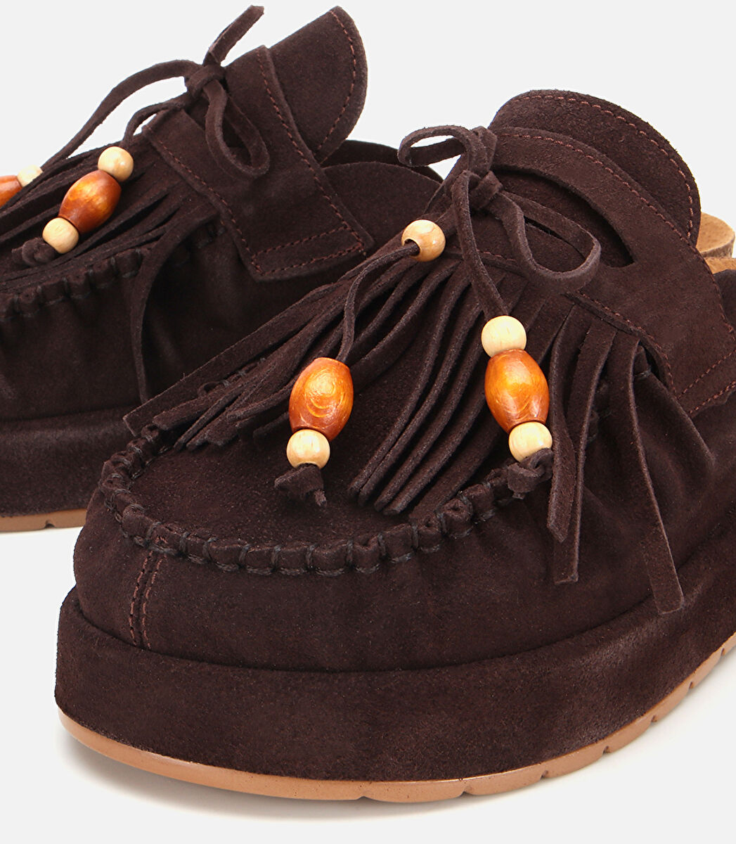 Kadın Süet Deri Kahverengi Püsküllü Kalın Tabanlı Terlik