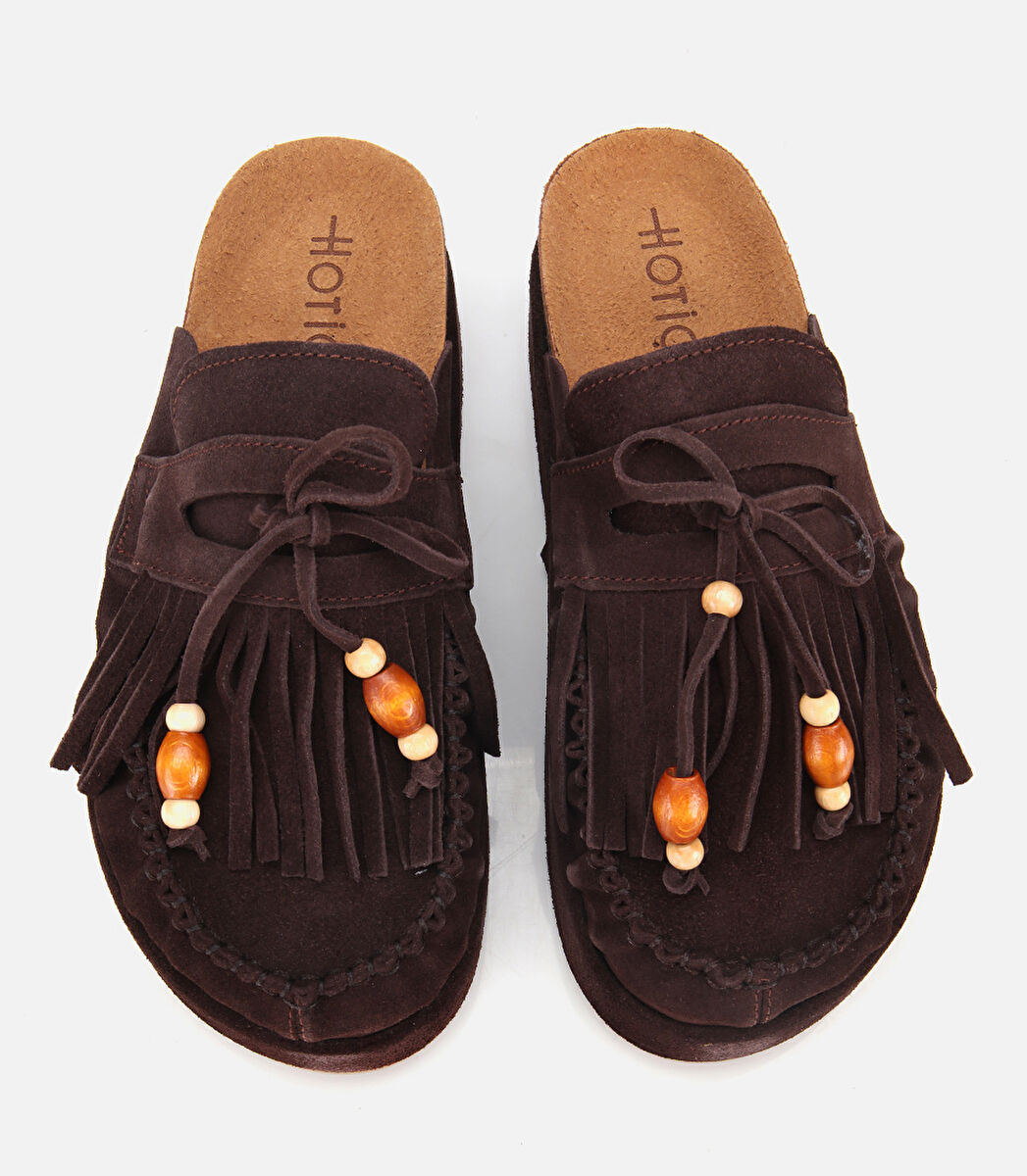 Kadın Süet Deri Kahverengi Püsküllü Kalın Tabanlı Terlik