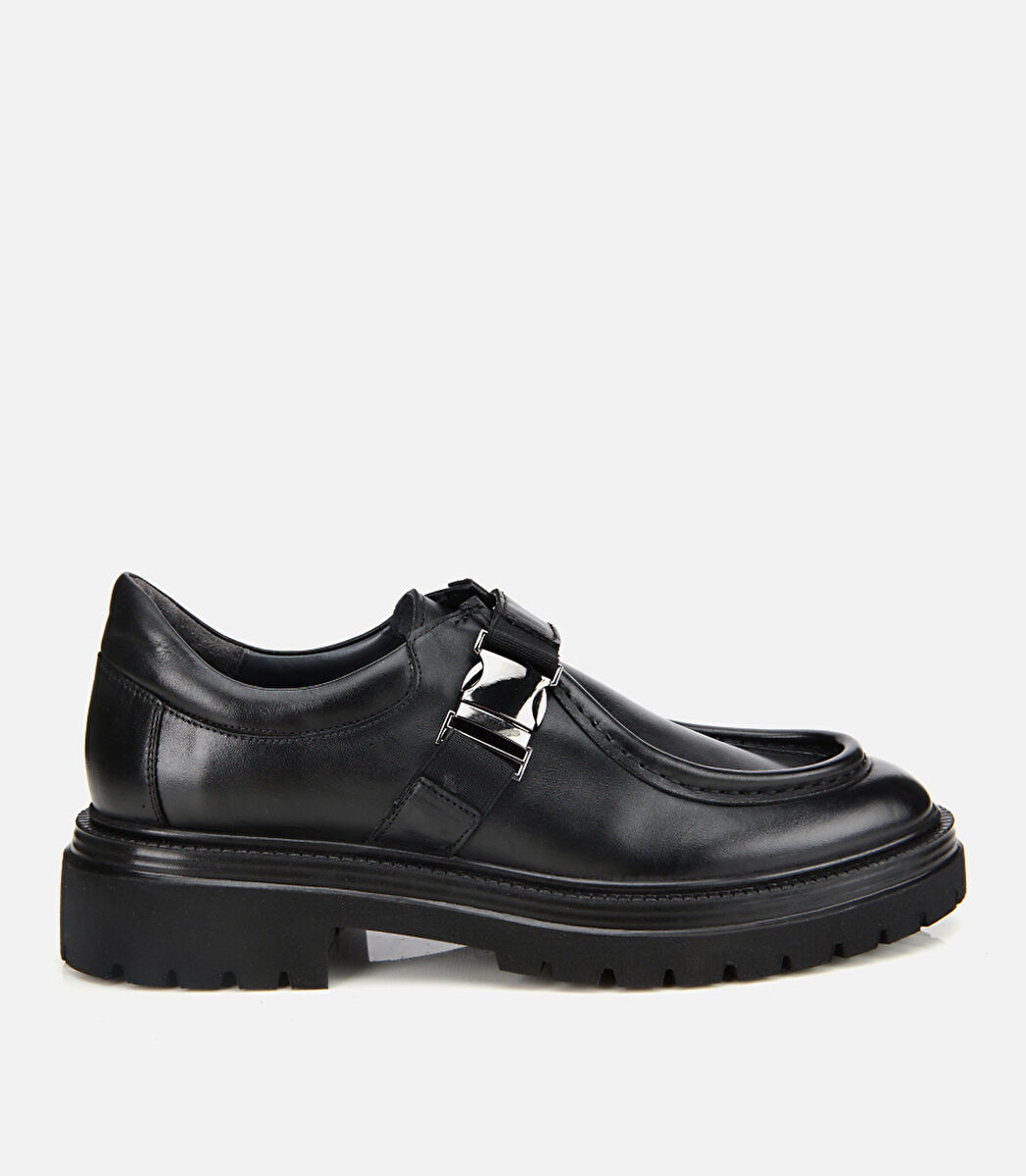 Erkek Deri Siyah Metal Tokalı Klasik Loafer