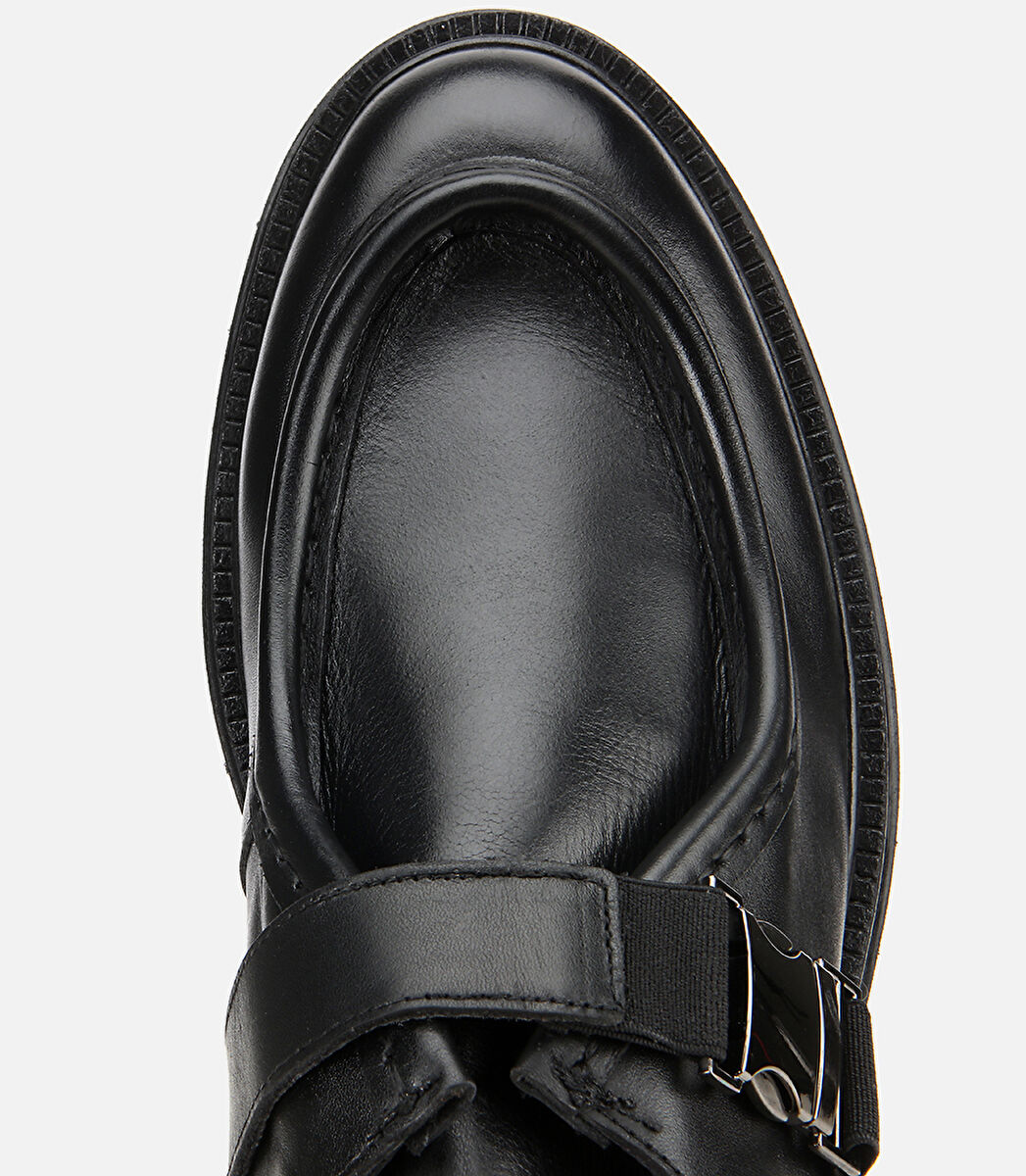 Erkek Deri Siyah Metal Tokalı Klasik Loafer