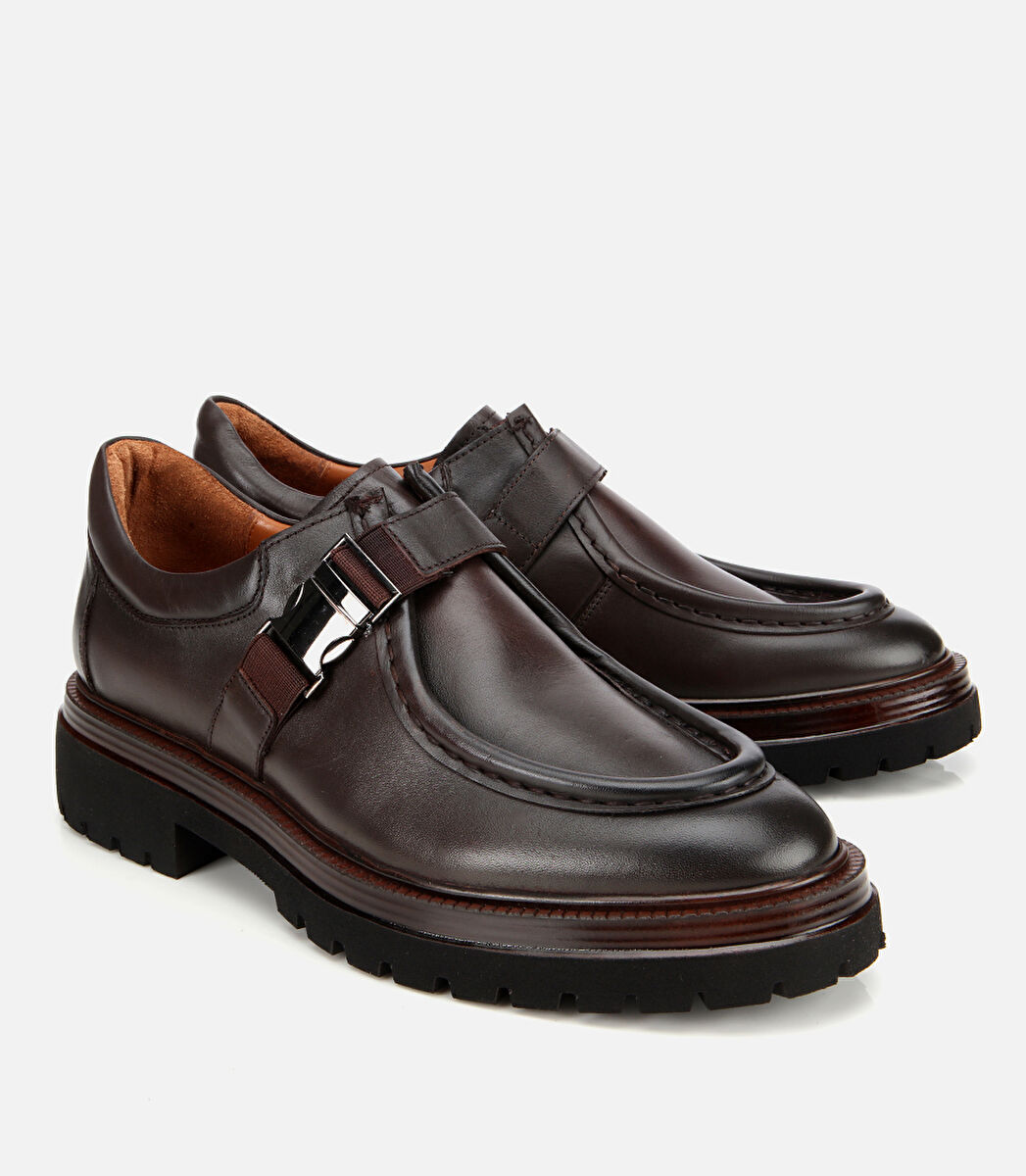 Erkek Deri Kahverengi Metal Tokalı Klasik Loafer