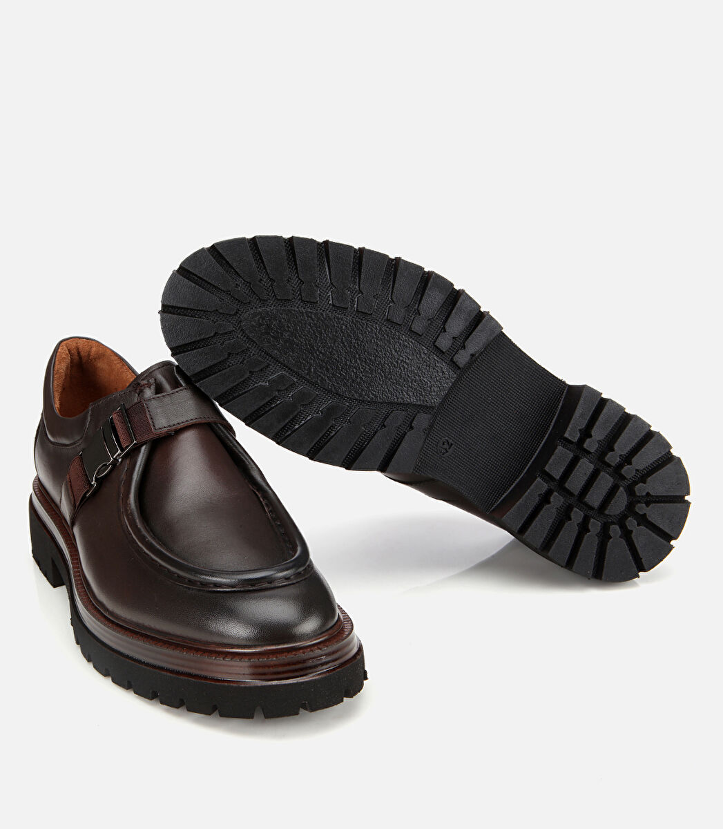 Erkek Deri Kahverengi Metal Tokalı Klasik Loafer