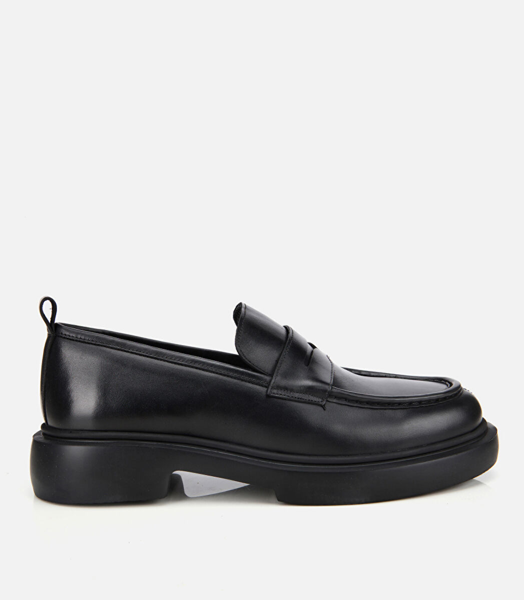 Erkek Deri Siyah Yüksek Tabanlı Klasik Loafer