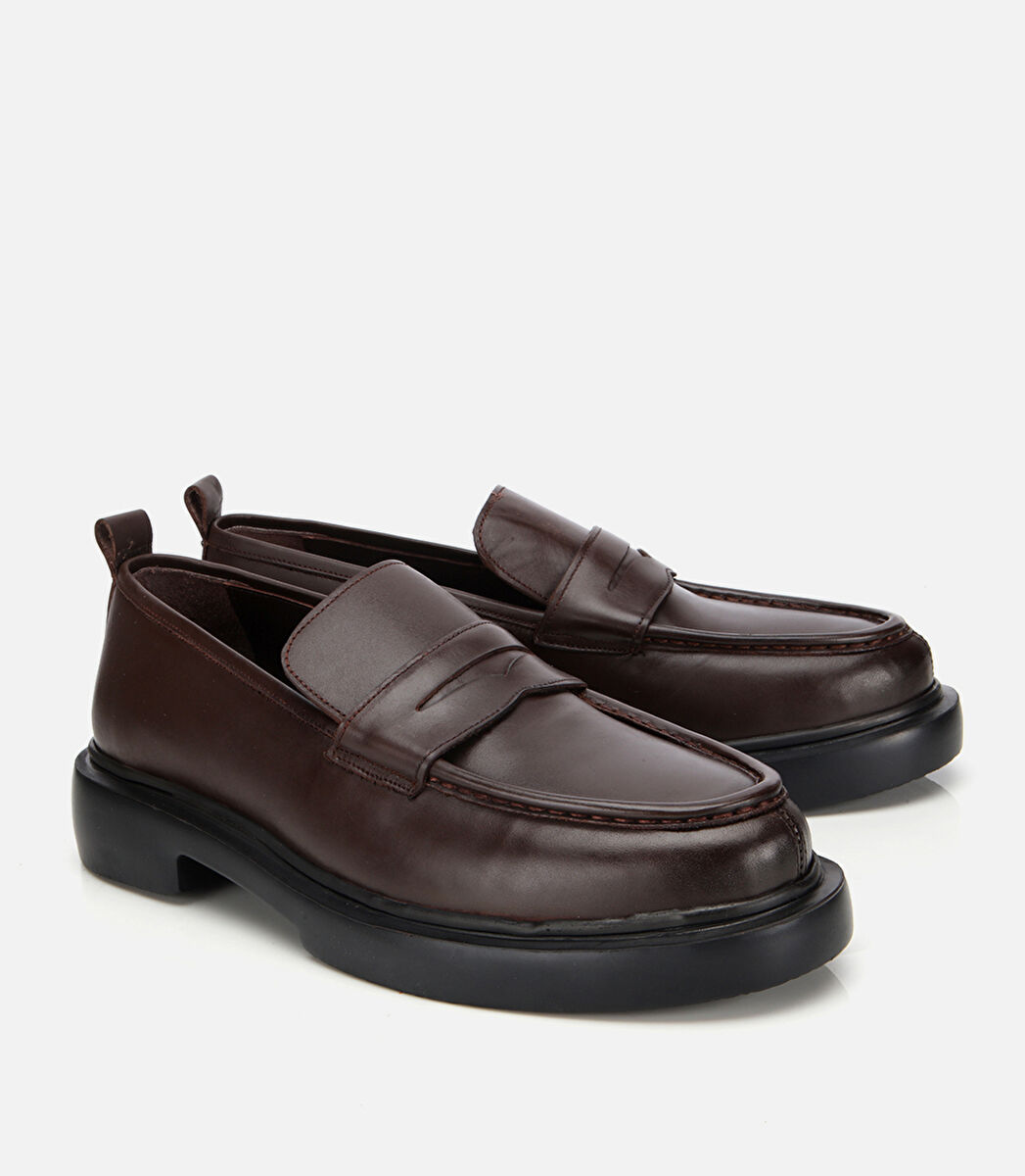 Erkek Deri Kahverengi Yüksek Tabanlı Klasik Loafer