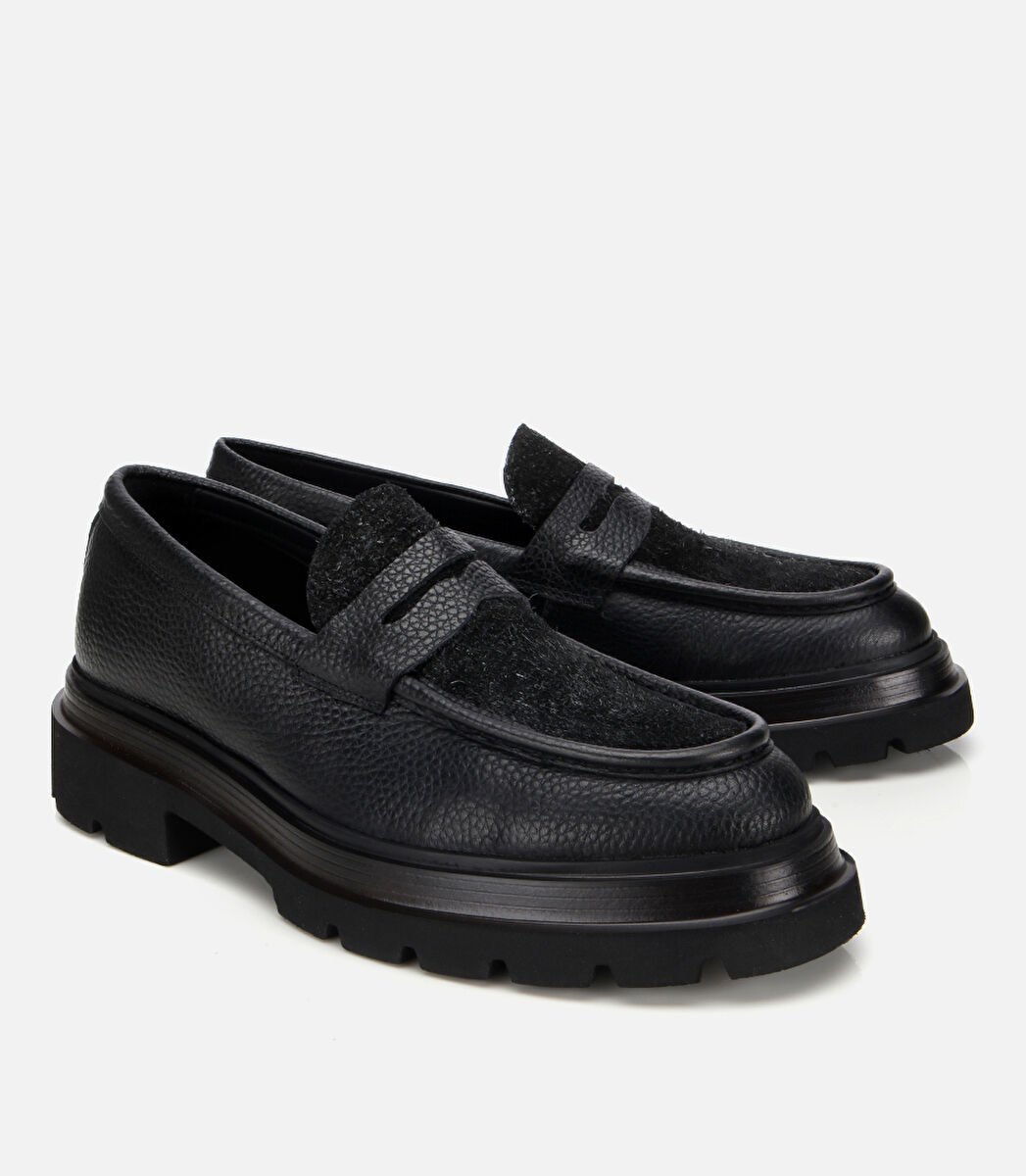 Erkek Deri Siyah Kırçıllı Yüksek Tabanlı Klasik Loafer