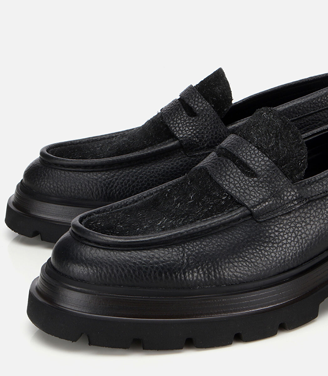 Erkek Deri Siyah Kırçıllı Yüksek Tabanlı Klasik Loafer