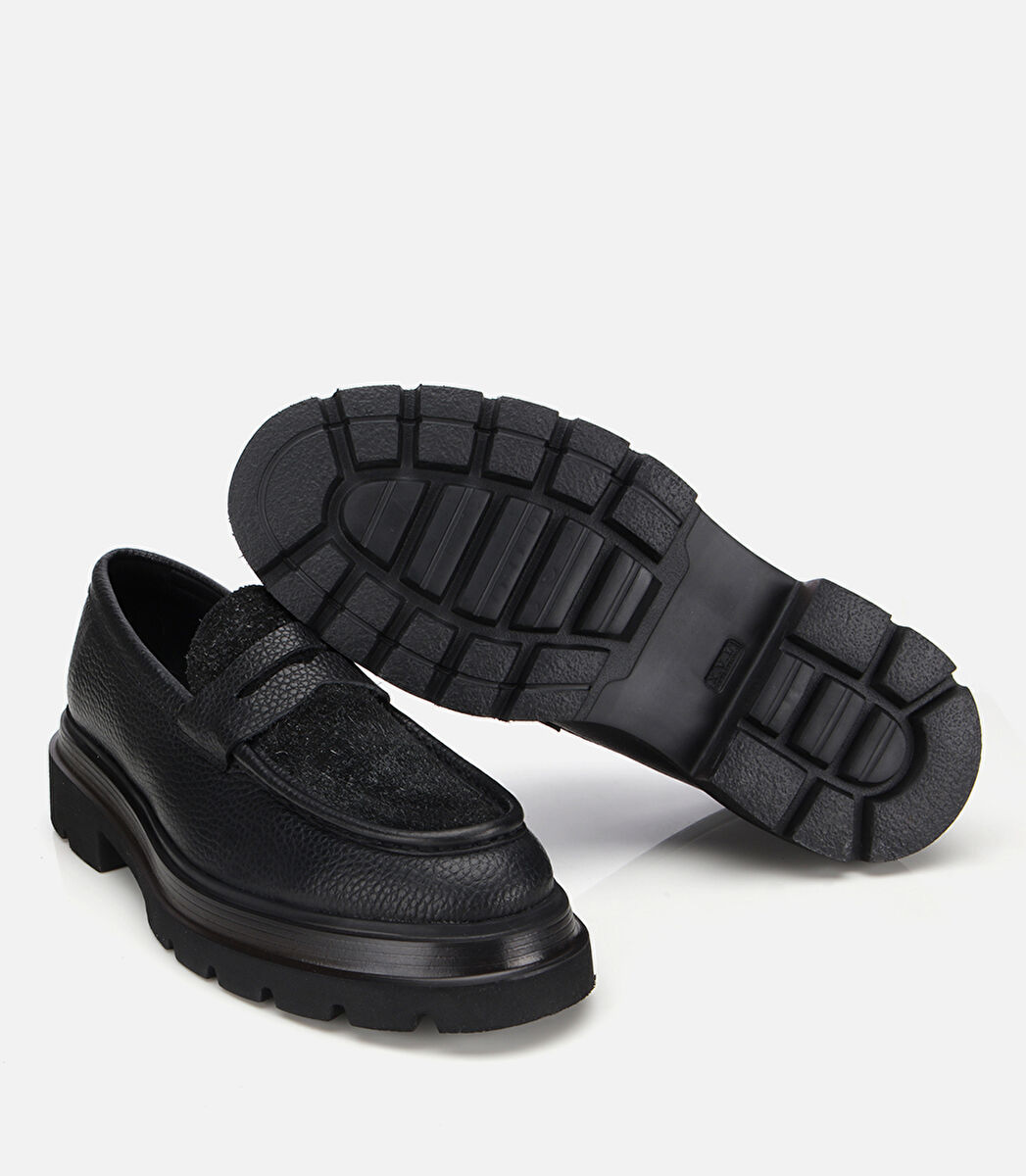 Erkek Deri Siyah Kırçıllı Yüksek Tabanlı Klasik Loafer