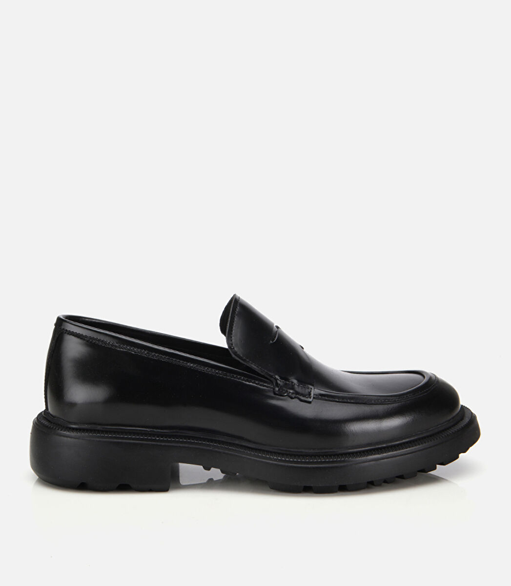 Erkek Açma Deri Siyah Kalın Tabanlı Klasik Loafer