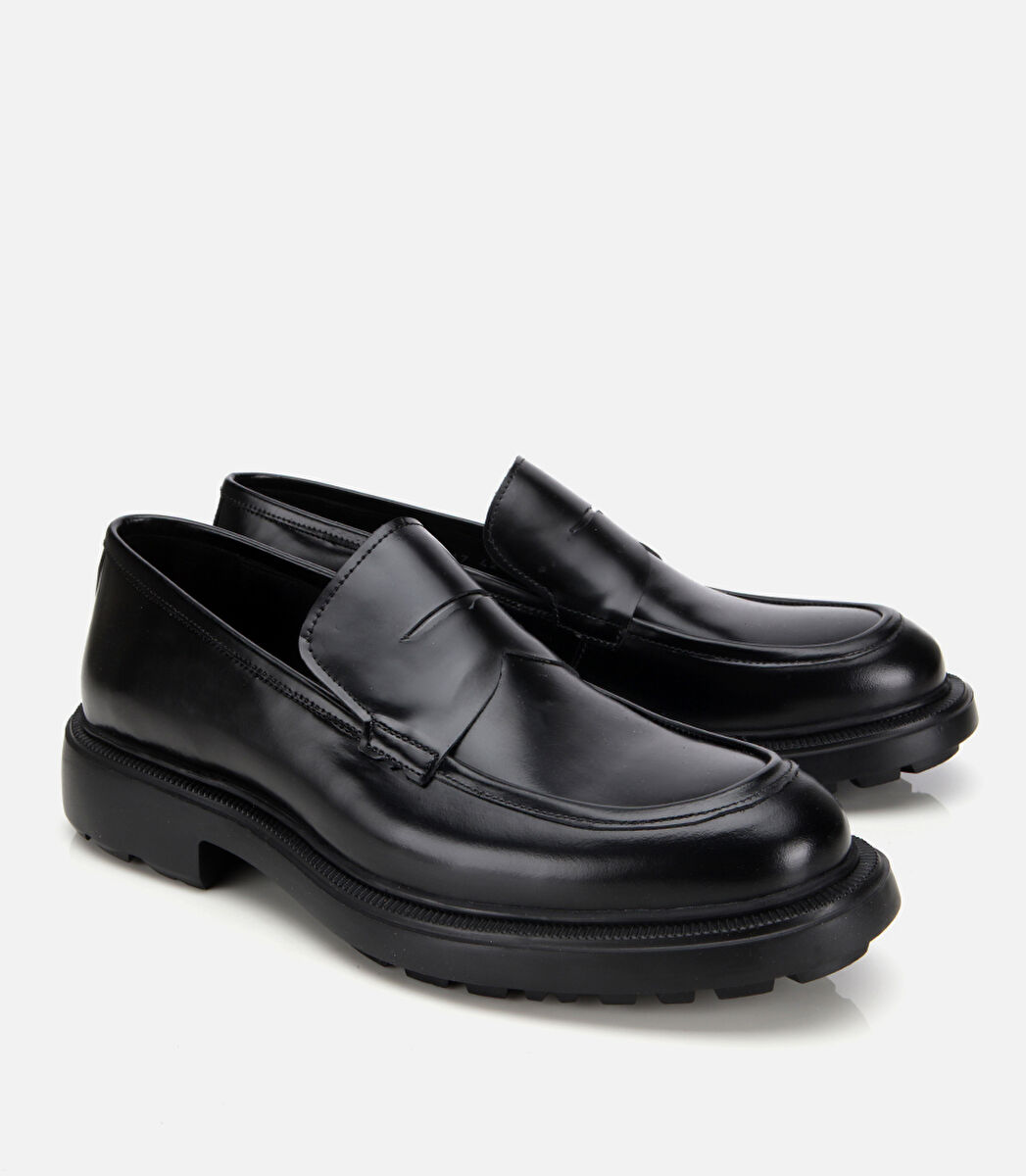Erkek Açma Deri Siyah Kalın Tabanlı Klasik Loafer
