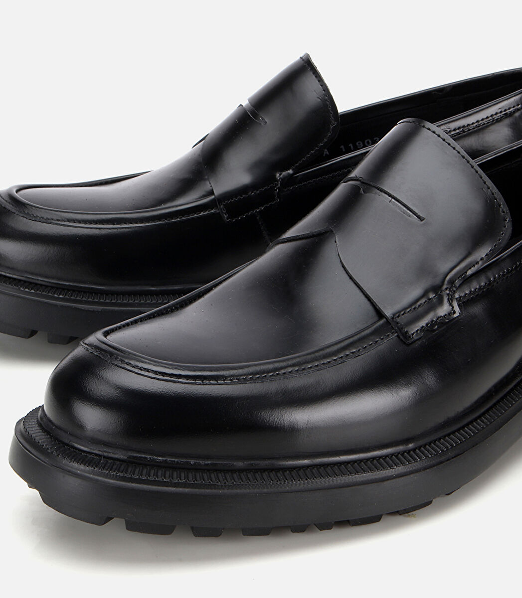 Erkek Açma Deri Siyah Kalın Tabanlı Klasik Loafer
