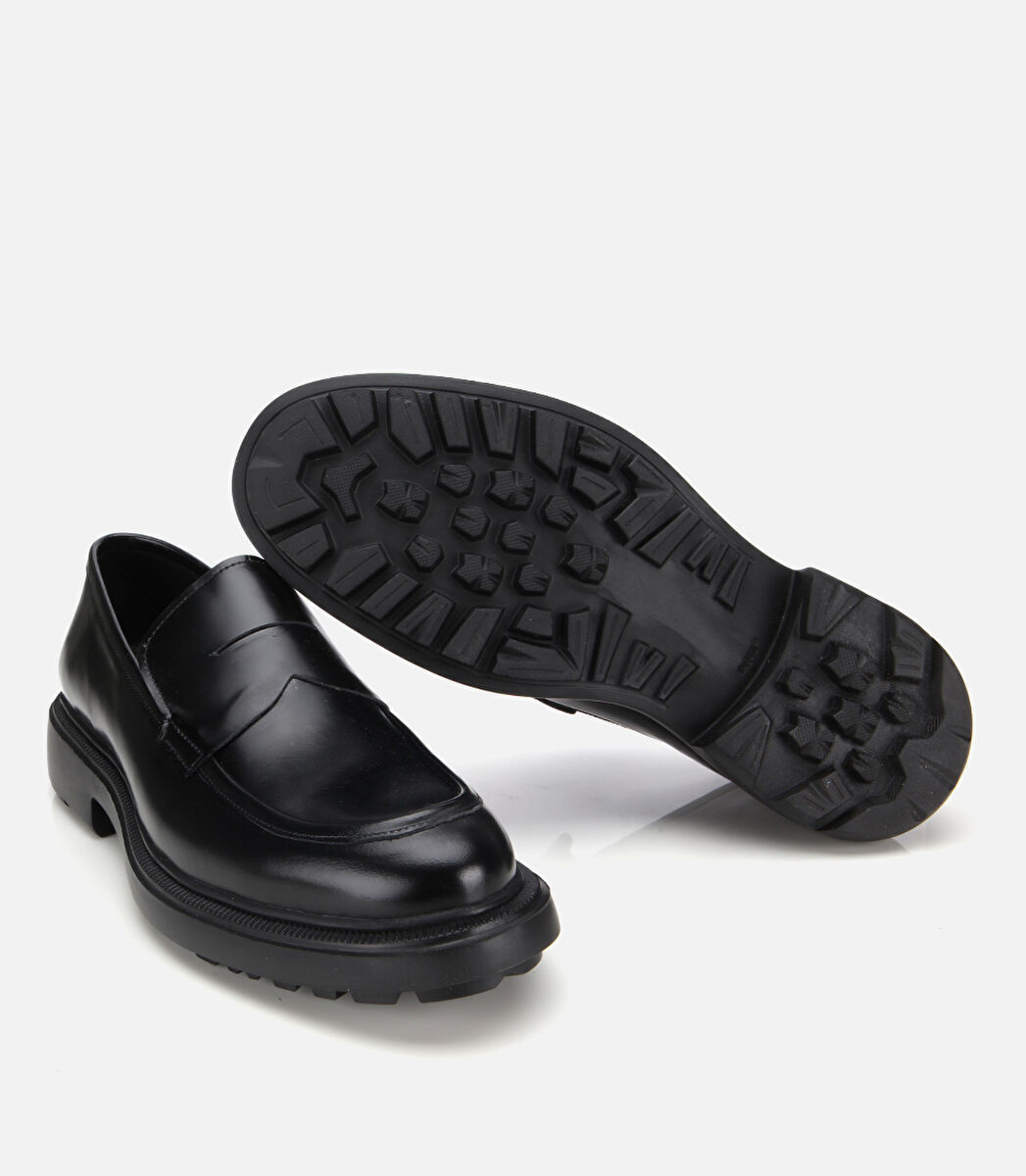 Erkek Açma Deri Siyah Kalın Tabanlı Klasik Loafer