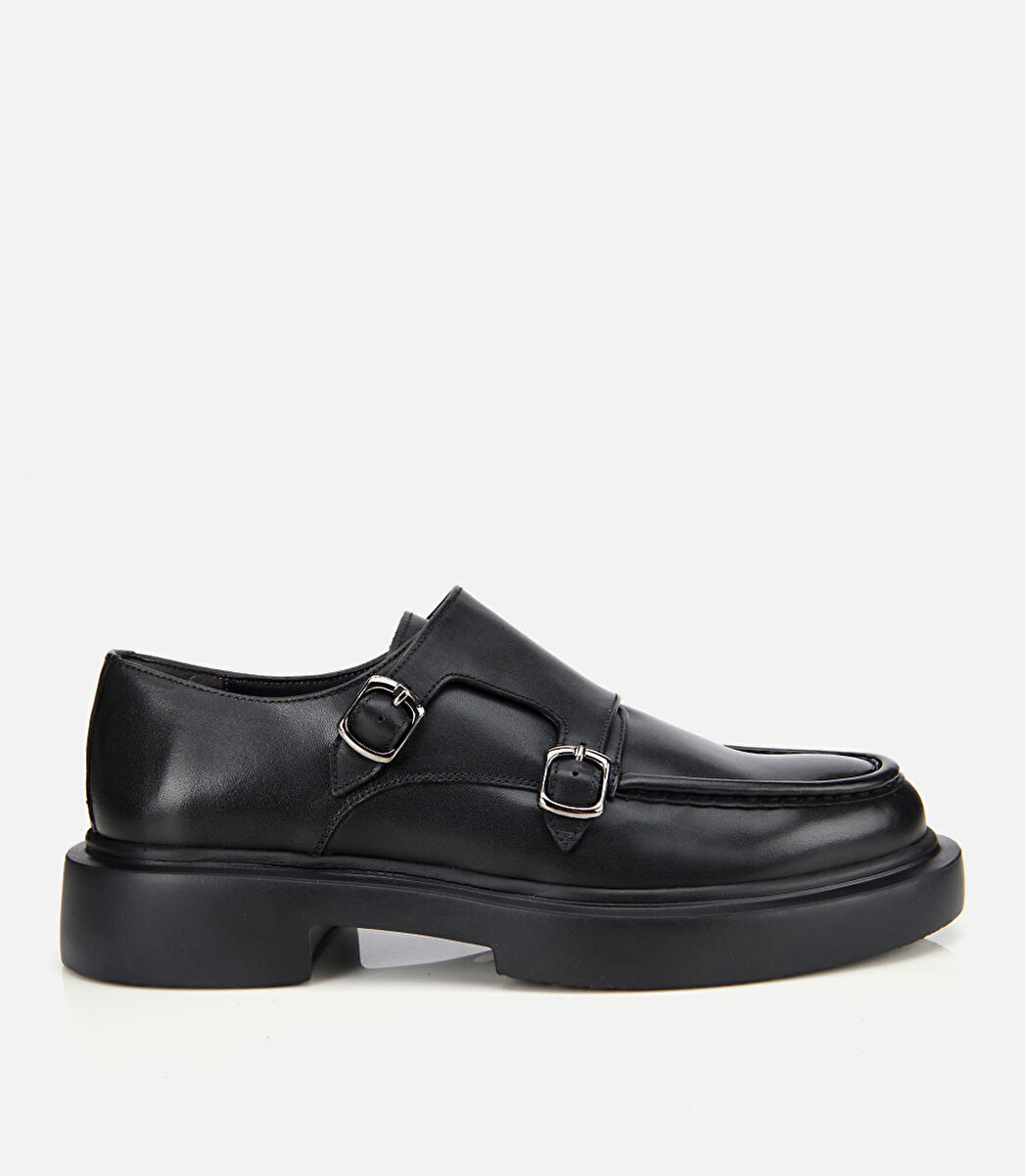 Erkek Deri Siyah Metal Tokalı Klasik Loafer