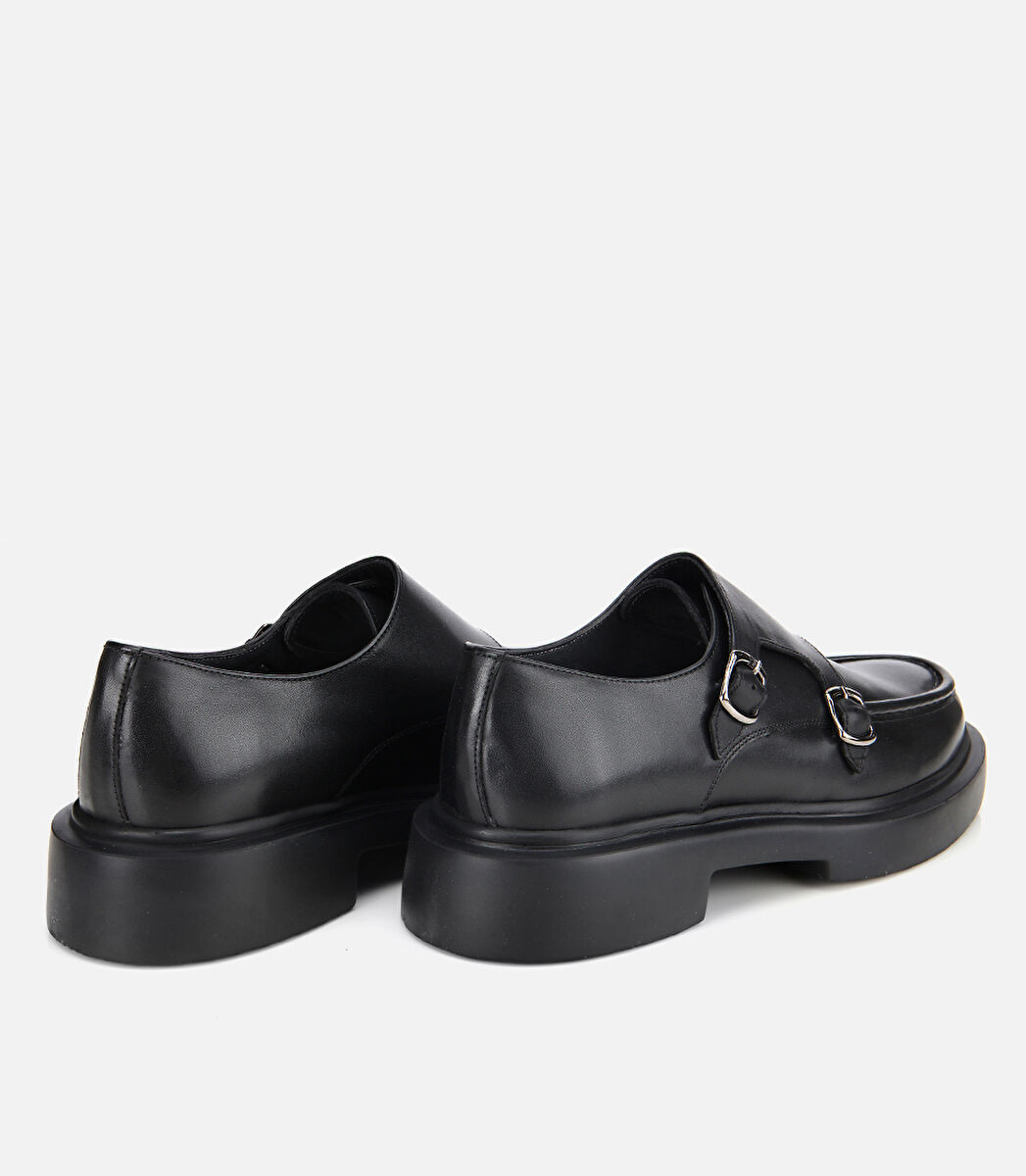 Erkek Deri Siyah Metal Tokalı Klasik Loafer