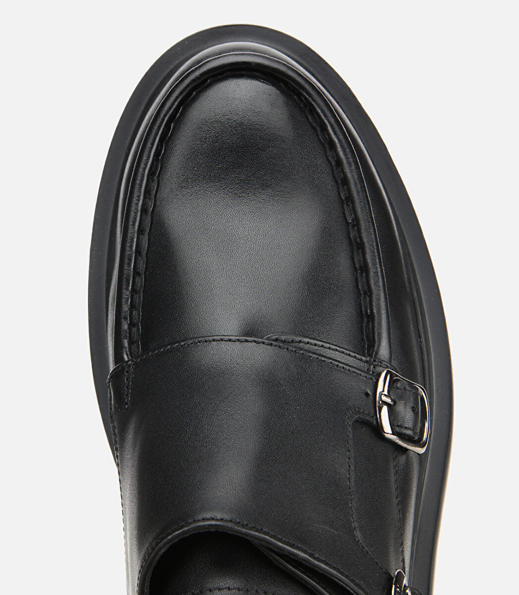 Erkek Deri Siyah Metal Tokalı Klasik Loafer