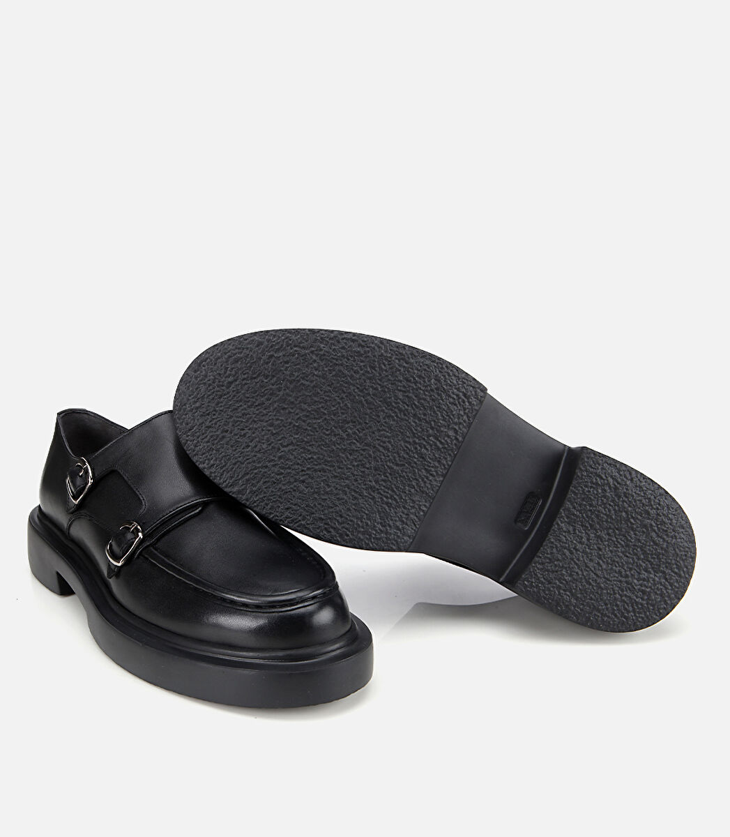 Erkek Deri Siyah Metal Tokalı Klasik Loafer