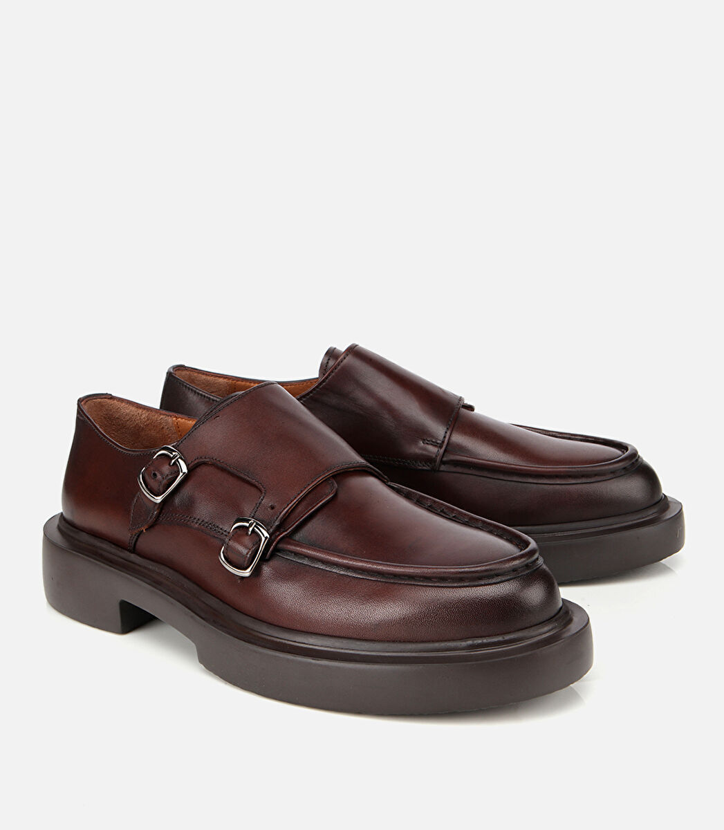 Erkek Deri Kahverengi Metal Tokalı Klasik Loafer