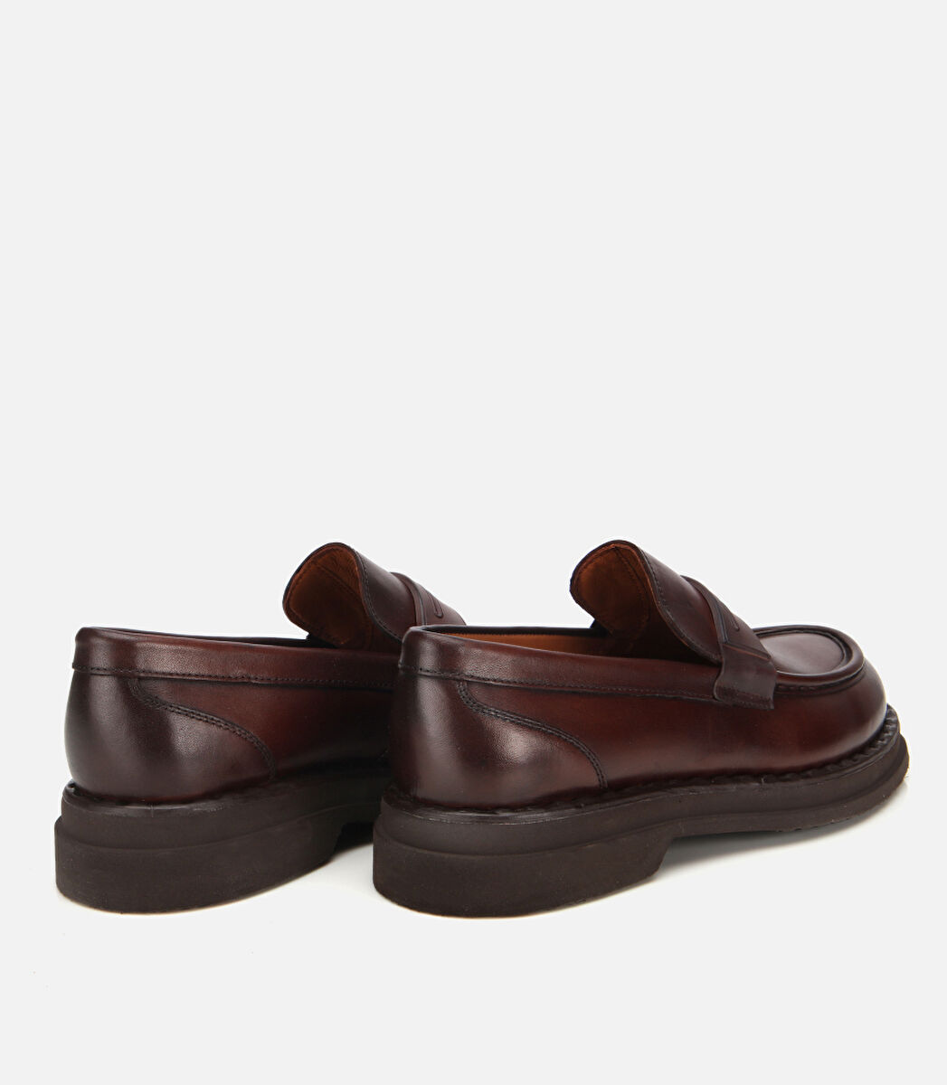 Erkek Deri Kahverengi Dikiş Detaylı Kalın Tabanlı Klasik Loafer