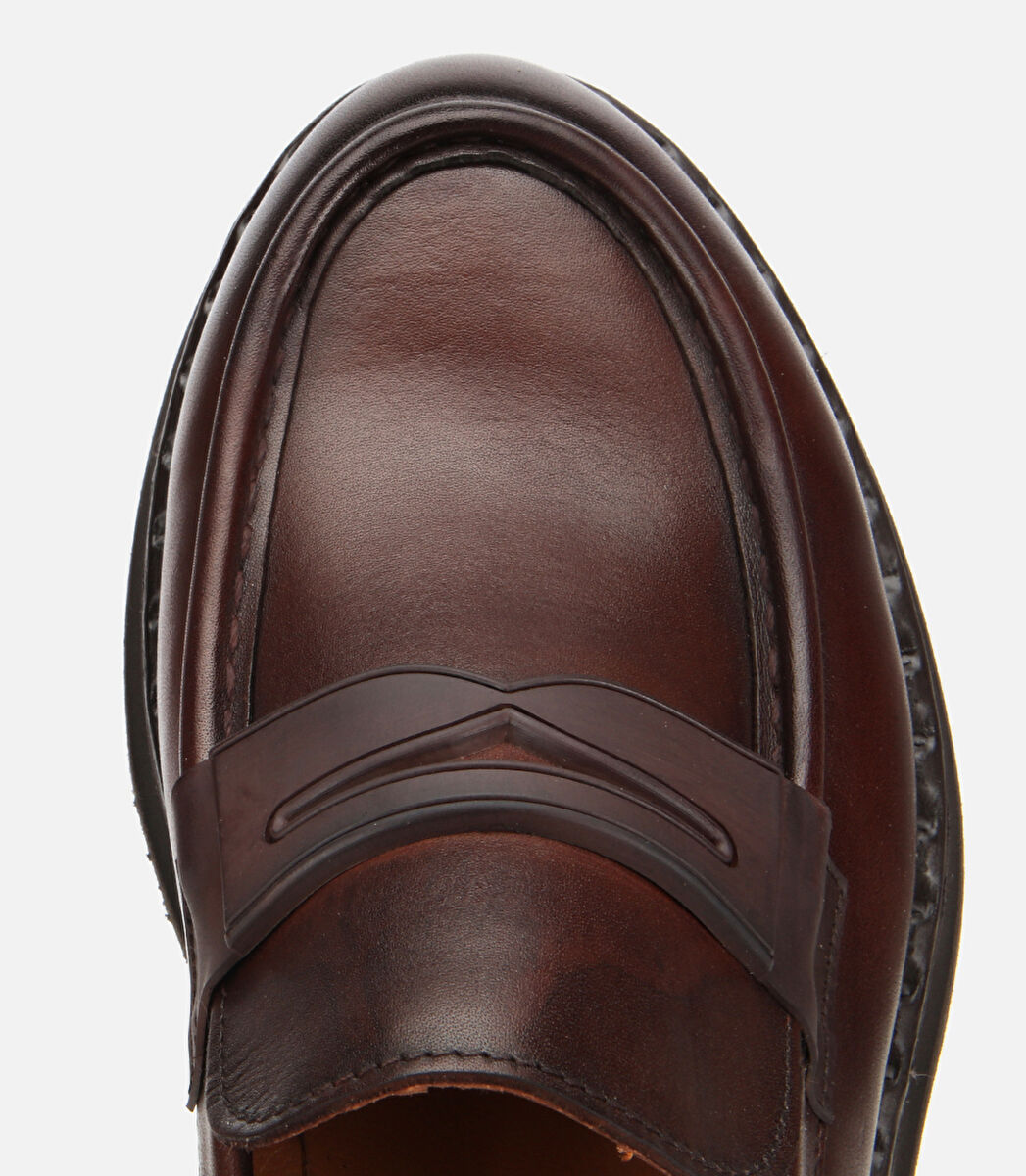 Erkek Deri Kahverengi Dikiş Detaylı Kalın Tabanlı Klasik Loafer