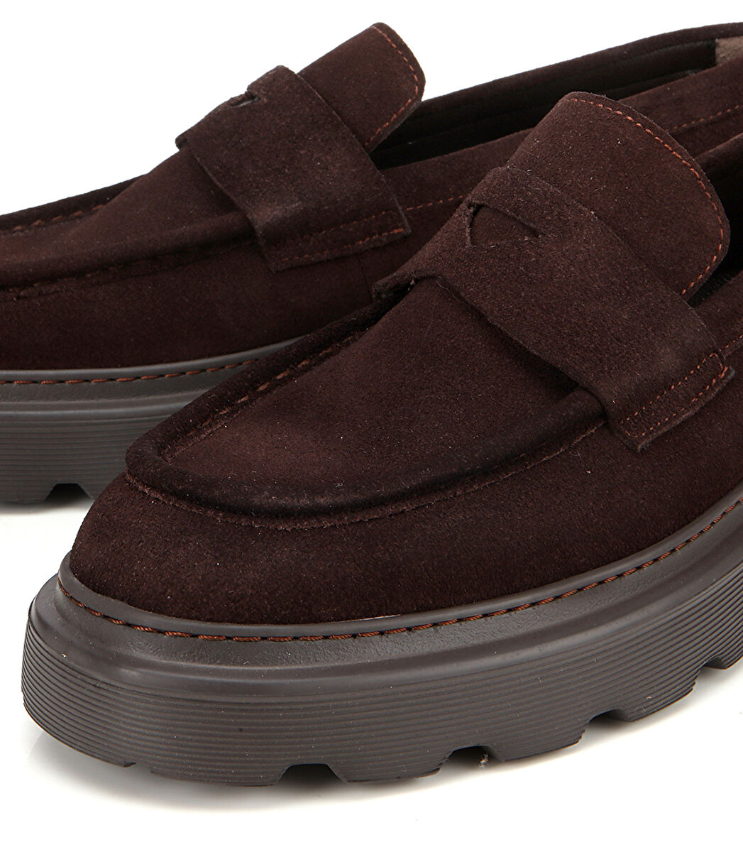 Erkek Süet Deri Kahverengi Kalın Tabanlı Günlük Loafer