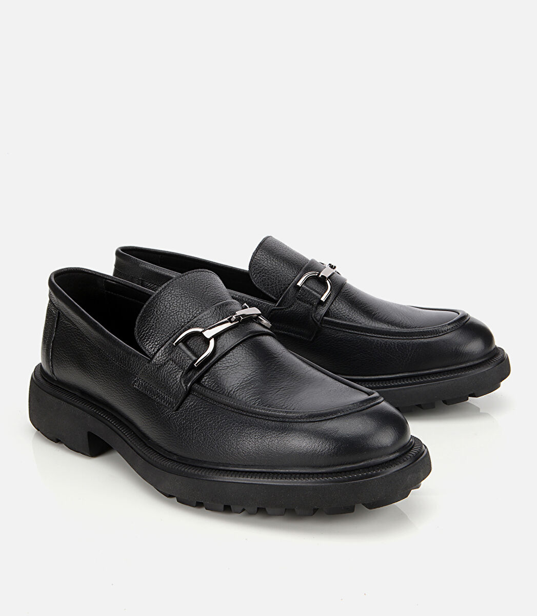 Erkek Deri Siyah Tokalı Günlük Loafer