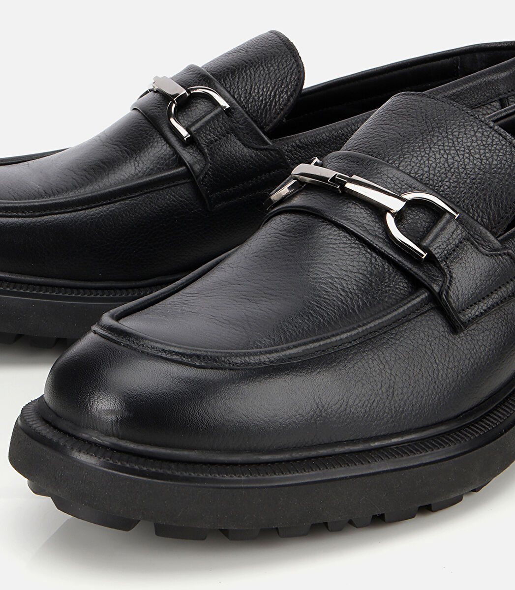 Erkek Deri Siyah Tokalı Günlük Loafer