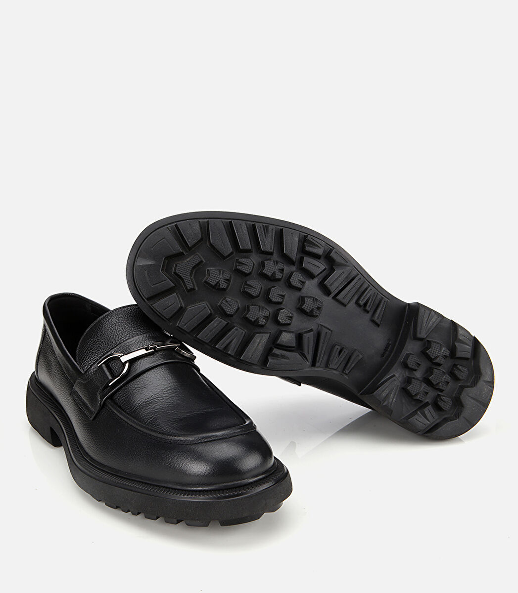 Erkek Deri Siyah Tokalı Günlük Loafer